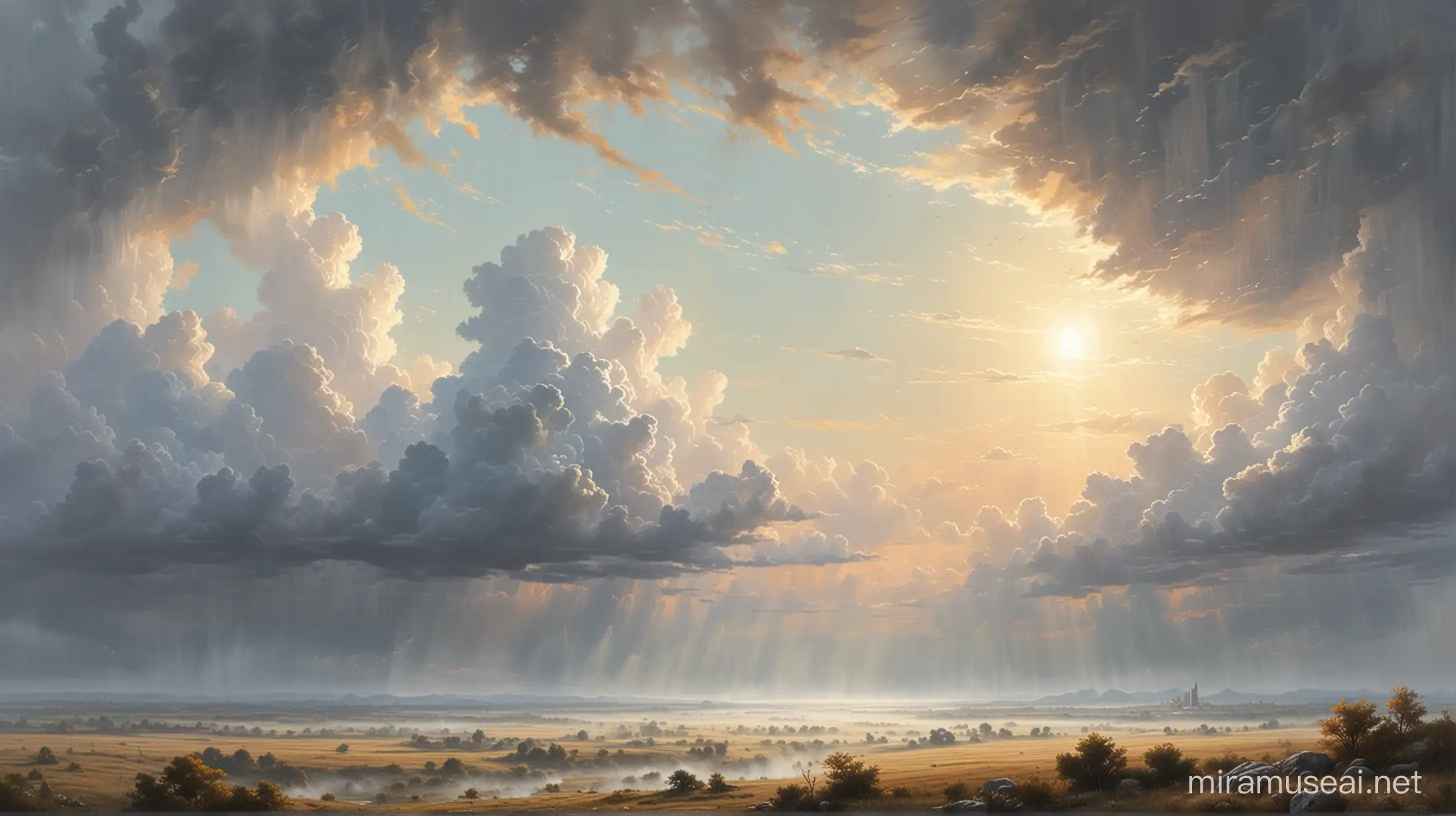 Highly detailed painting, (((wide view from the side))), a foggy and cloudy sky with shafts of sunlight, (((no horizon))), the sky is empty except for clouds and fog, use muted pastel colors only, high quality