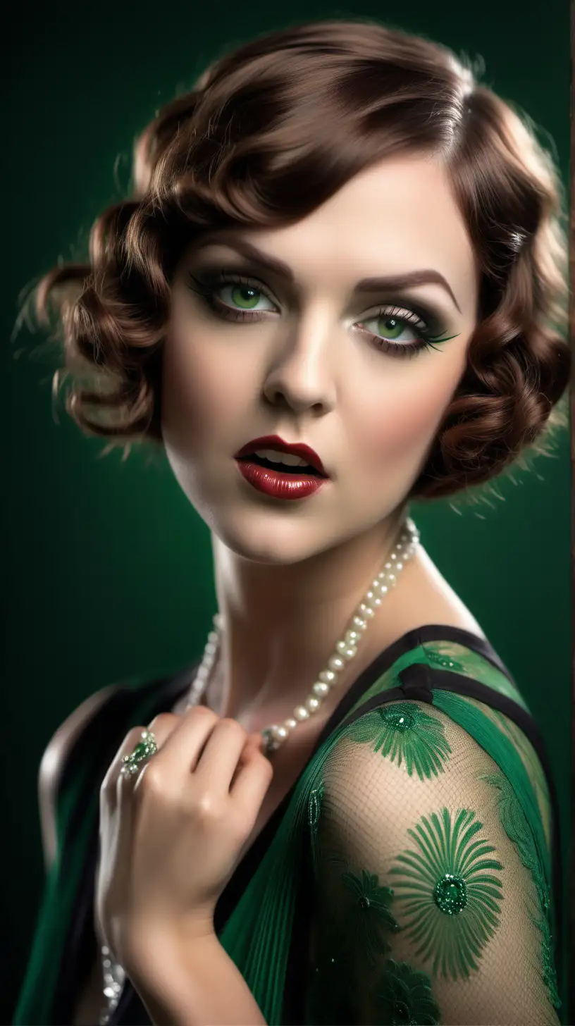 Captivating Roaring 20s Woman Realistic Model with Brown Hair and Green Eyes