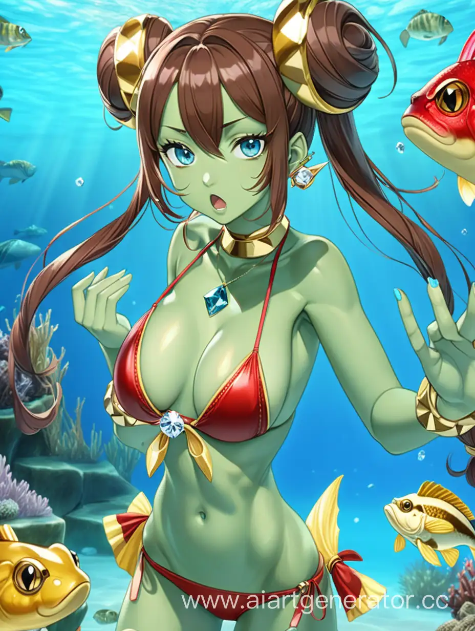 annoyed anime girl-amphibian, with light green skin, underwater, in red and golden bikini, with fish shaped ears, light blue eyes, dark brown double bun hair, holding a diamond