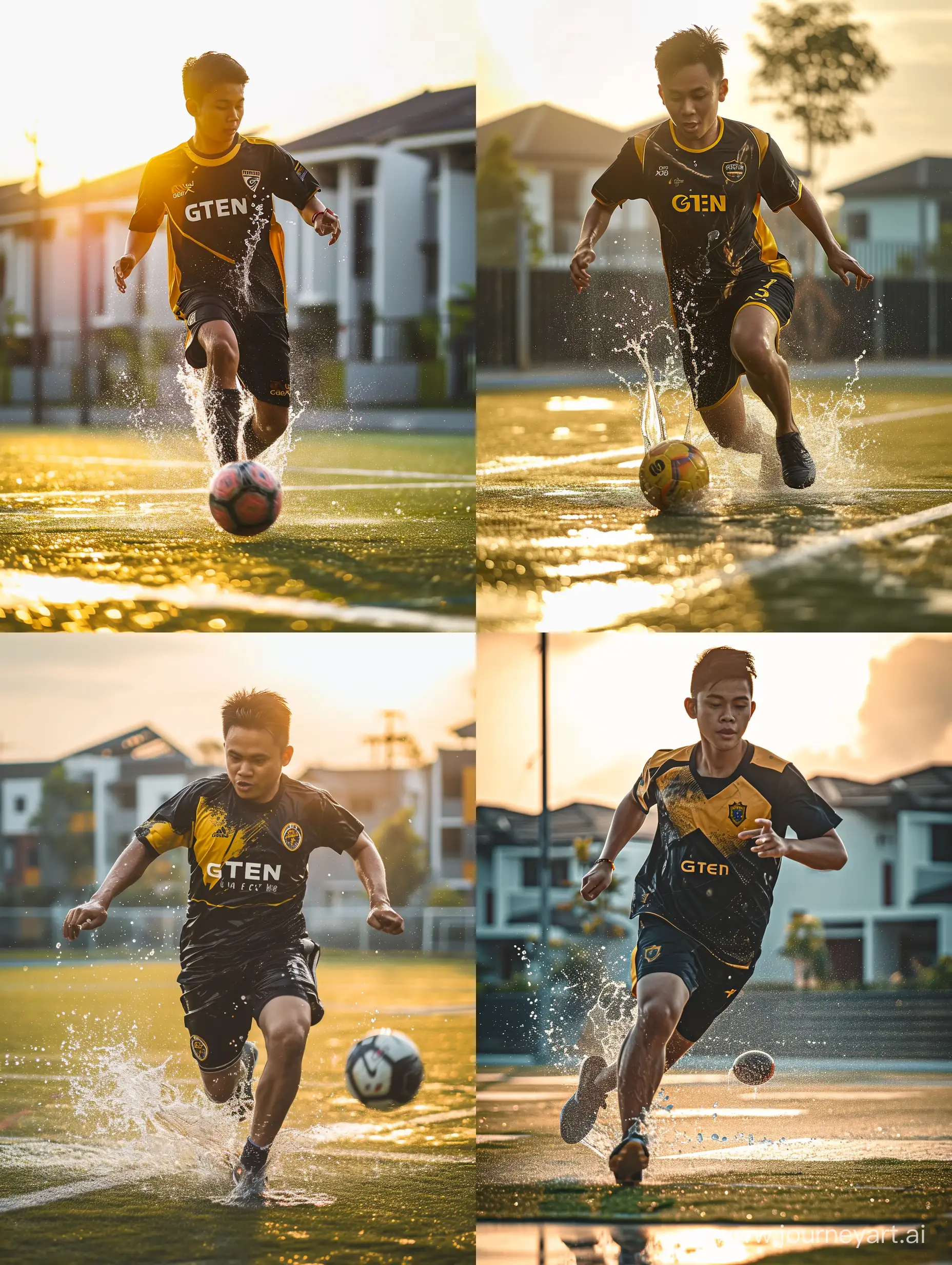 
ultra realistic a malay man runs while kicking a ball on a synthatic field. there is a splash of water. wearing a black and yellow shirt. the shirt has G-TEN FC written on it. sunlight in the evening. the background of a modern housing estate. canon eos-id x mark iii dslr --v 6.0