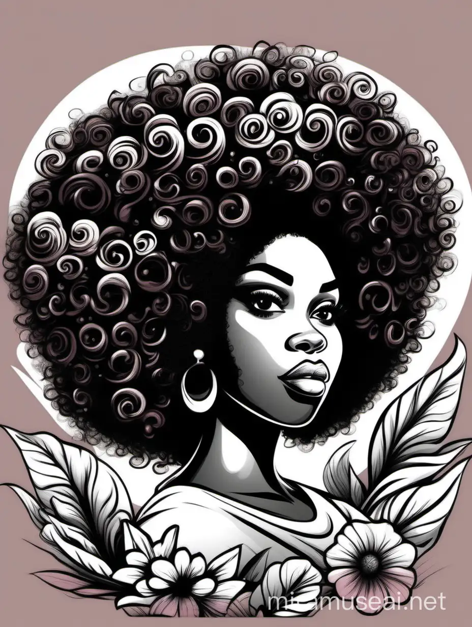 create a whimsical logo style image with exaggerated features, 2k. cartoon image of a plus size black female looking off to the side with a large thick tightly curly asymmetrical afro. Very beautiful. With Garnet, black and white flowers