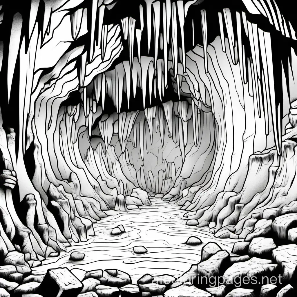 Echoing Cave: Exploring a cave with stalactites and stalagmites., Coloring Page, black and white, line art, white background, Simplicity, Ample White Space. The background of the coloring page is plain white to make it easy for young children to color within the lines. The outlines of all the subjects are easy to distinguish, making it simple for kids to color without too much difficulty