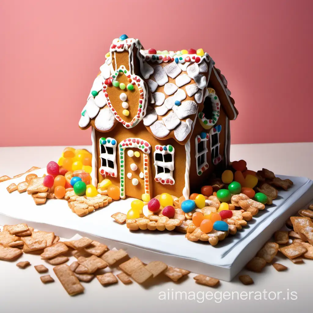 gingerbread house, diorama, in focus, white background, toast , crunch cereal, сolorful sweets