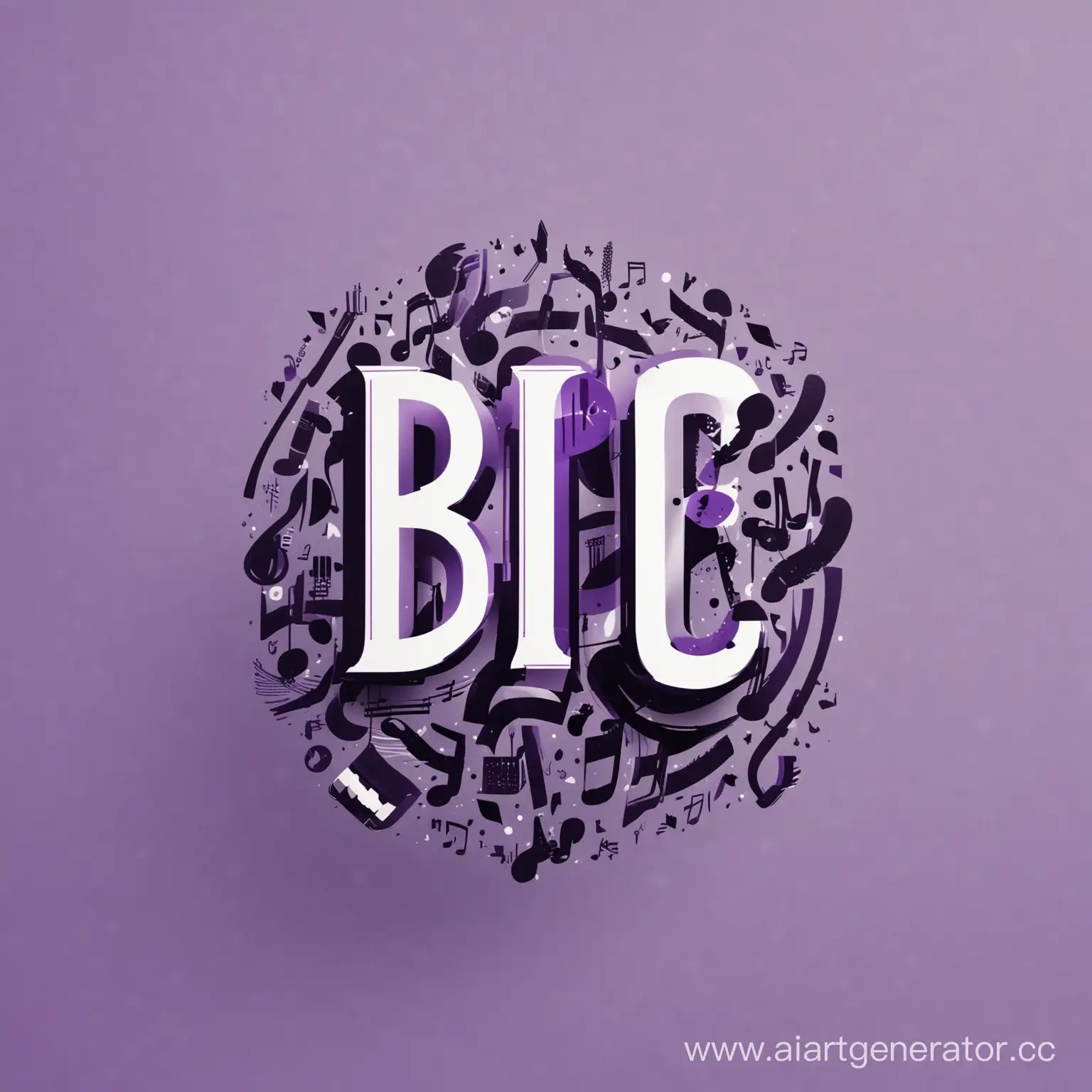 логотип для музыкального приложения в стиле минимализм с буквами BIC в центре и музыкальными нотами вокруг. основные цвета: черный, белый и фиолетовый