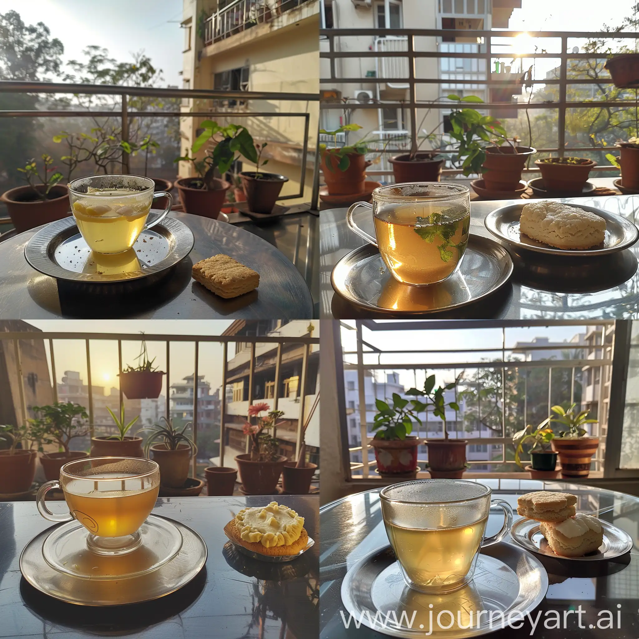 Hot ginger tea in a transparent tea cup and a a cream biscuit on a steel plate . Both are placed on a table facing the balcony in a house on 10th floor. The balcony has pots with plants. It is early morning and the sun is rising