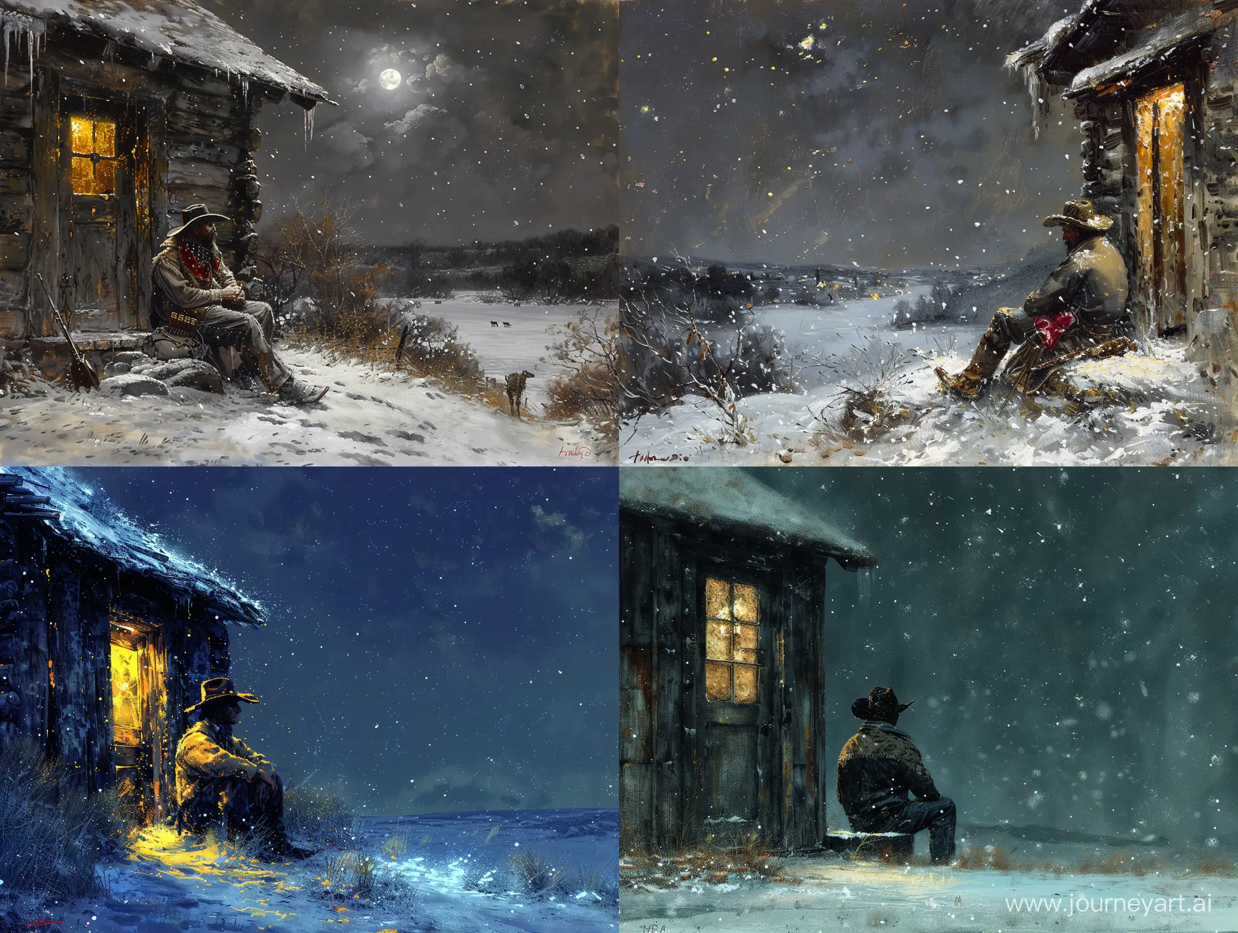   realistic painting in night a close up cowboy sits out by a door house in landscape snow in western countries  focus highly detailed --style raw --stylize 750  --v 6