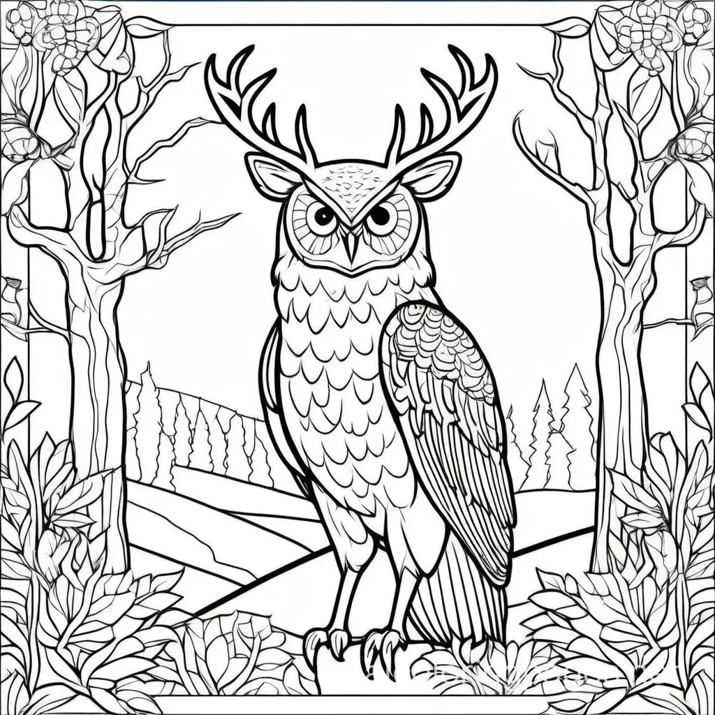 maine owl over deer, Coloring Page, black and white, line art, white background, Simplicity, Ample White Space. The background of the coloring page is plain white to make it easy for young children to color within the lines. The outlines of all the subjects are easy to distinguish, making it simple for kids to color without too much difficulty