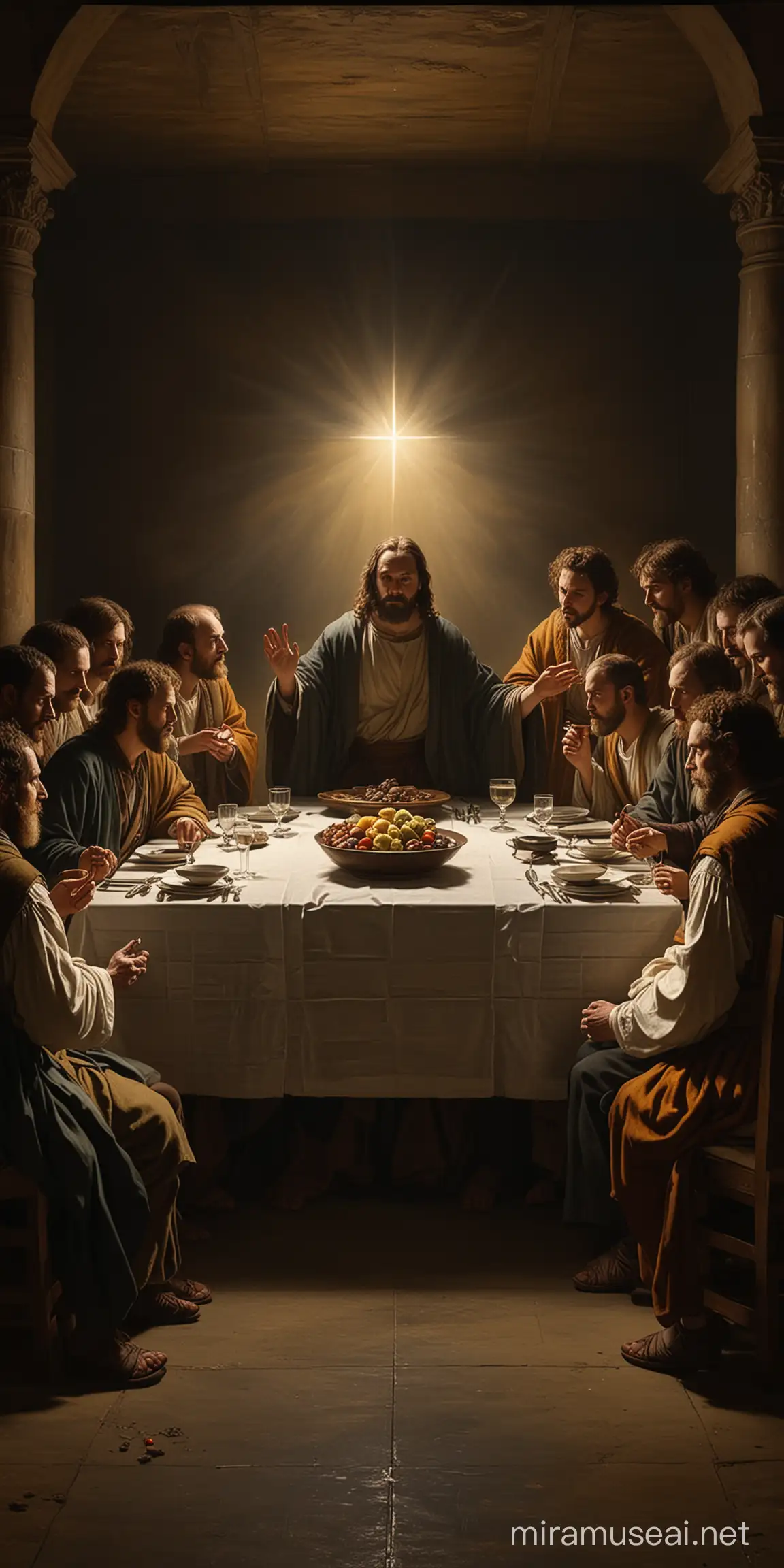 painting that will show  the last supper with the twelve apostles in a Rembrandt style, Dramatic use of light and shadow, a technique known as chiaroscuro, This creates a striking contrast between light and dark areas, often highlighting the focal point of the painting, His compositions often convey deep emotional or narrative intensity, Rembrandt's color palette is typically rich but subdued, featuring earthy tones and warm colors, His brushwork is renowned for its expressiveness and texture, ranging from smooth and finely detailed in areas of focus to more loose and impressionistic in other parts,