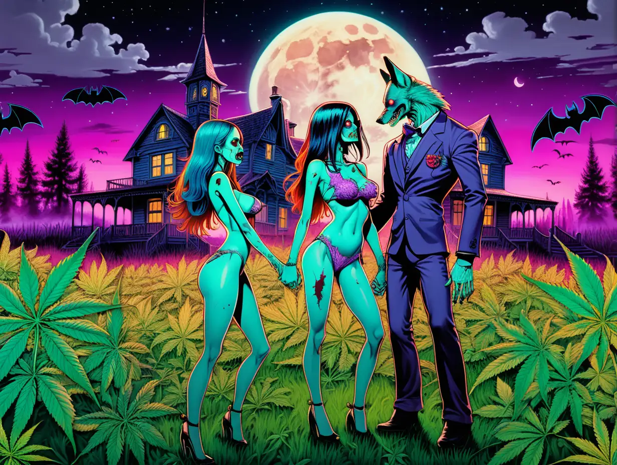 Sensual Zombie Duo in Cannabis Field with Haunted House Backdrop