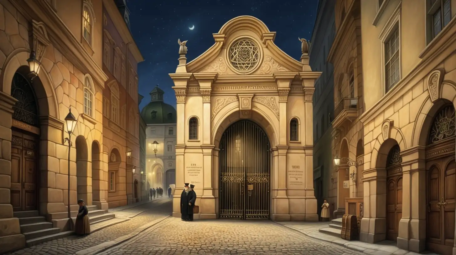entrada de la calle de una sinagoga judia  praga 1800 de noche
