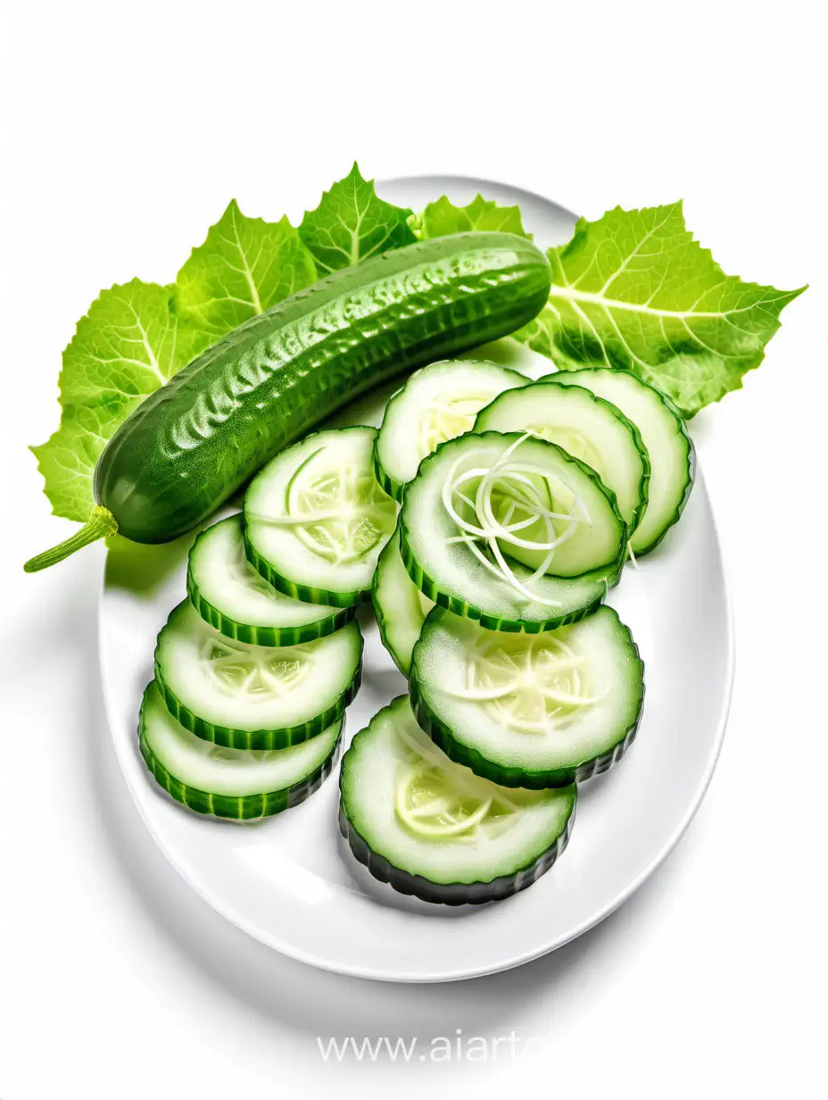 Fresh-Cucumber-Slices-and-Green-Salad-Leaves-on-White-Background