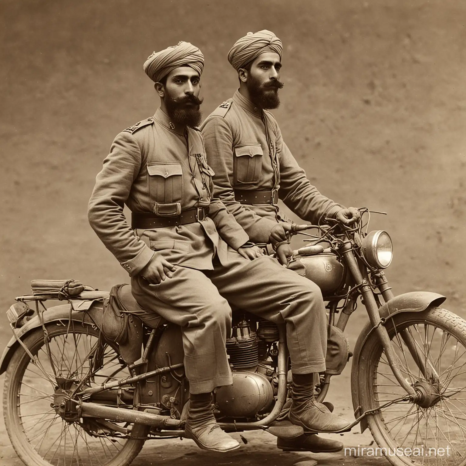 Qajar Soldiers Riding Motorbikes in Traditional Garb