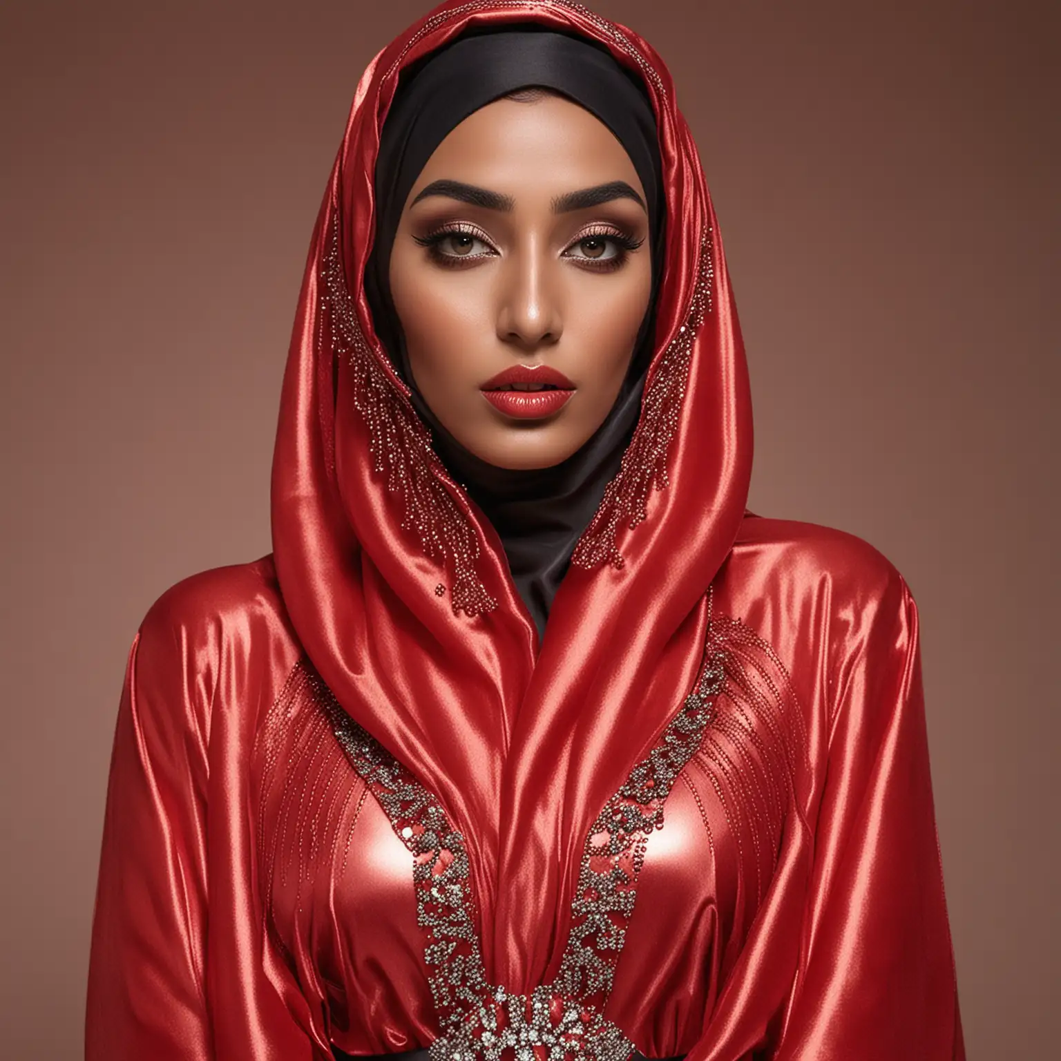 Niqabi Arab Muslimah in heavy makeup wearing a red shiny metallic silk chiffon hijab and expensive kaftan. The metallic niqab’s long, loose, drapey fabric hides her face and she’s wearing 5” Louboutin patent leather heels 