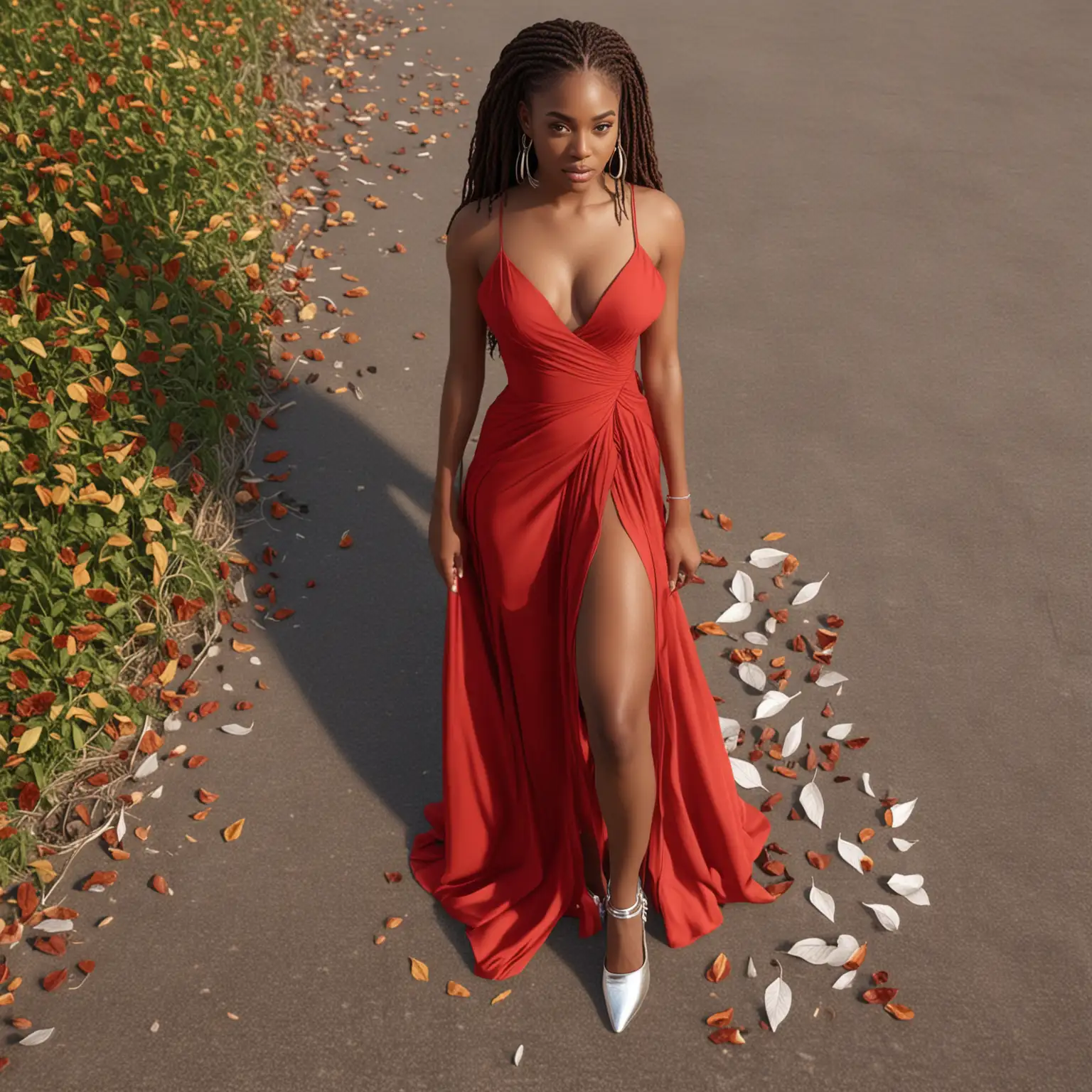 4k hyper realistic African American voluptous woman in long red dress with a split. She is wearing silver shoes and accessories. Her hair is in sister locs and is long and brown. There is a leaf on the ground next to her.