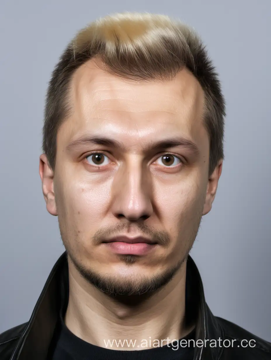 Русский Мужчина 36 лет в чёрной кожаной куртке блондин с причёской под названием "кроп" (фото паспорт)
