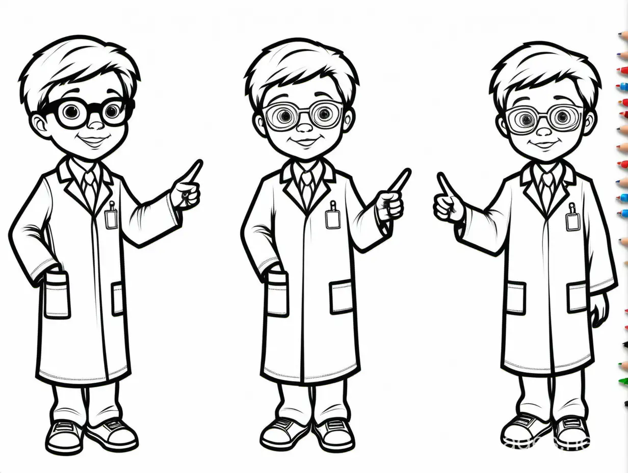 Boy in science gown on white background, child doctor with white wearing a white robe, glasses, pointing at a panel 3 different position seeing all body and legs prom perspective , Coloring Page, black and white, line art, white background, Simplicity, Ample White Space. The background of the coloring page is plain white to make it easy for young children to color within the lines. The outlines of all the subjects are easy to distinguish, making it simple for kids to color without too much difficulty