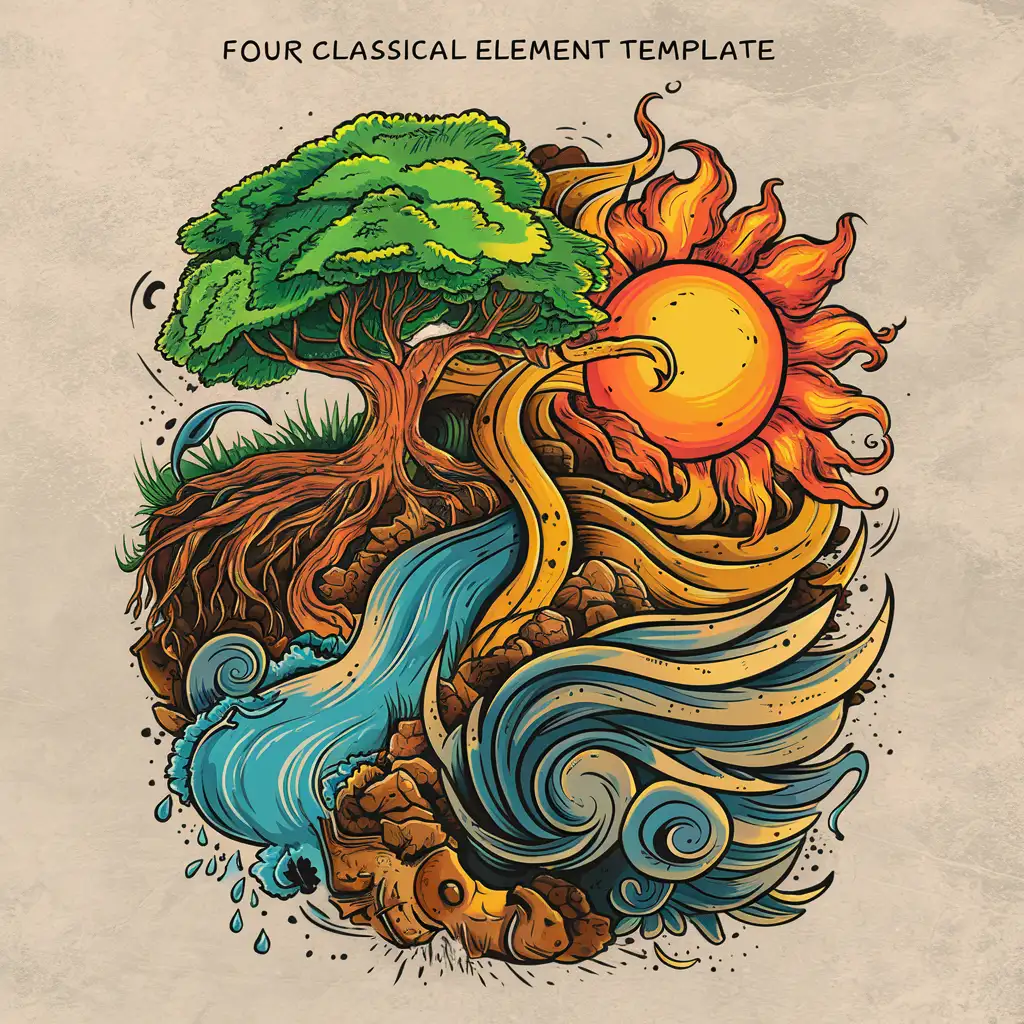 Colorful Tattoo Design with Four Elements Earth Fire Water and Air