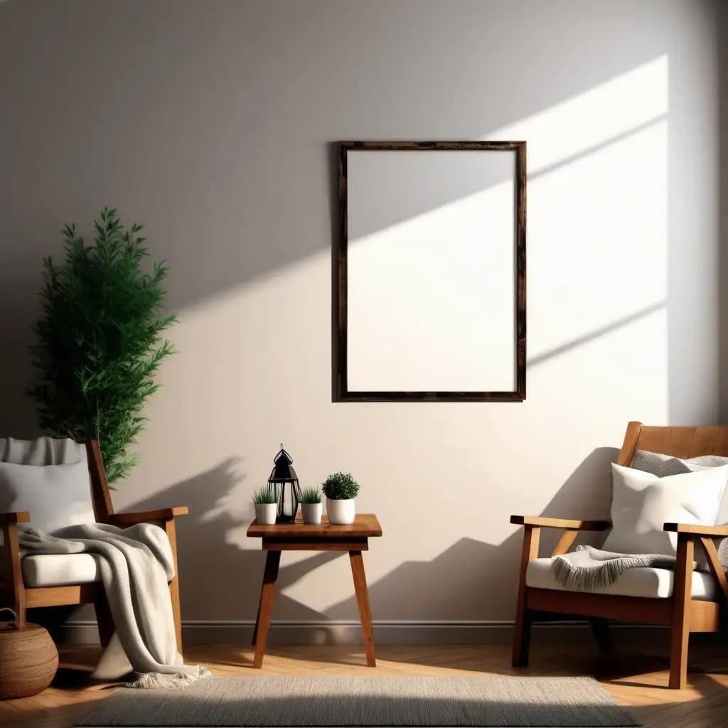 wooden poster white blank frame mockup, reflection, shadow overlay, cozy living room, farmhouse stlyle, warm room, 4K, exclude random objects,