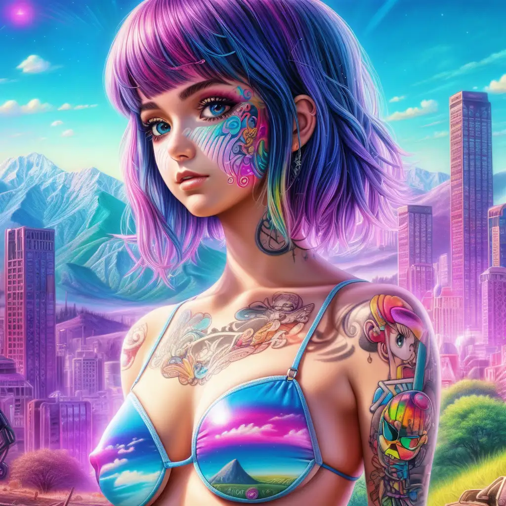 PostApocalyptic Anime Girl with Binary Tattoo in Photorealistic Landscape