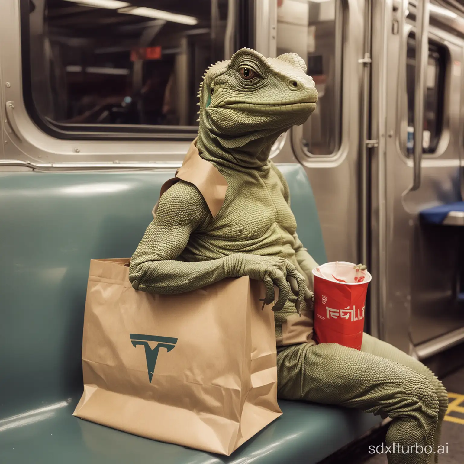 Portrait photograph of an anthropomorphic lizard seated on a New York City subway train，Holding Tesla shopping bag