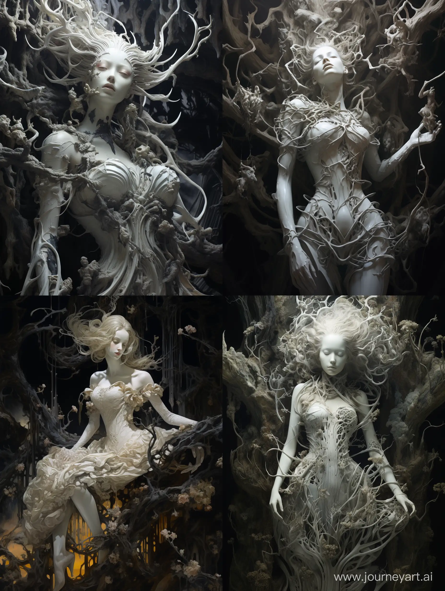 Ephemeral, ghostly apparitions of a beautiful spectral woman, dressed in flowing, tattered garments in a creepy forest with old babydolls placed in all the trees with some baby dolls suspended in the air hanging in the trees:: 16k :: high contrast extremely details, 16k resolution, intricate