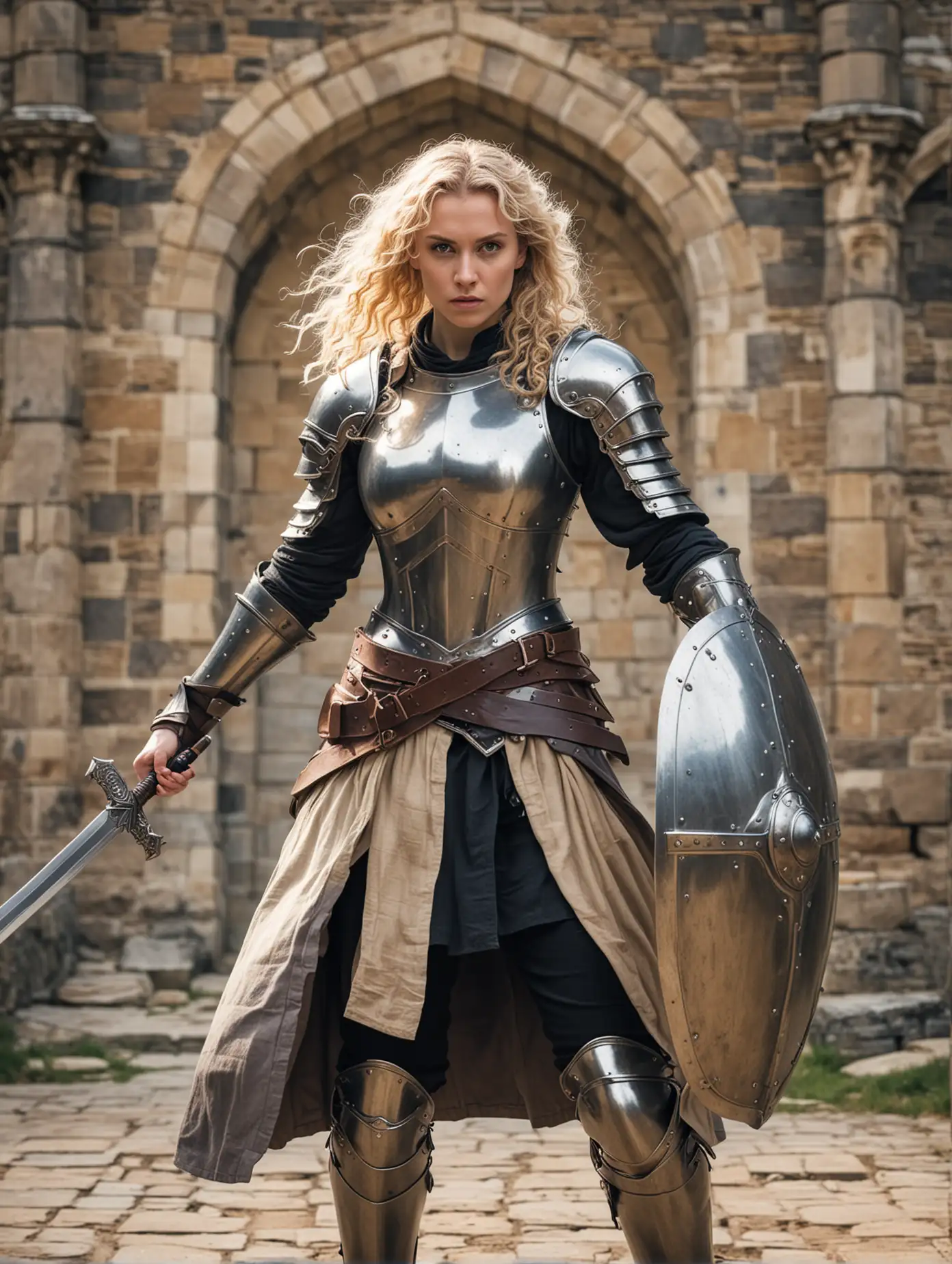 Angry Female Paladin with Blonde Ringlets in Fighting Stance at Castle