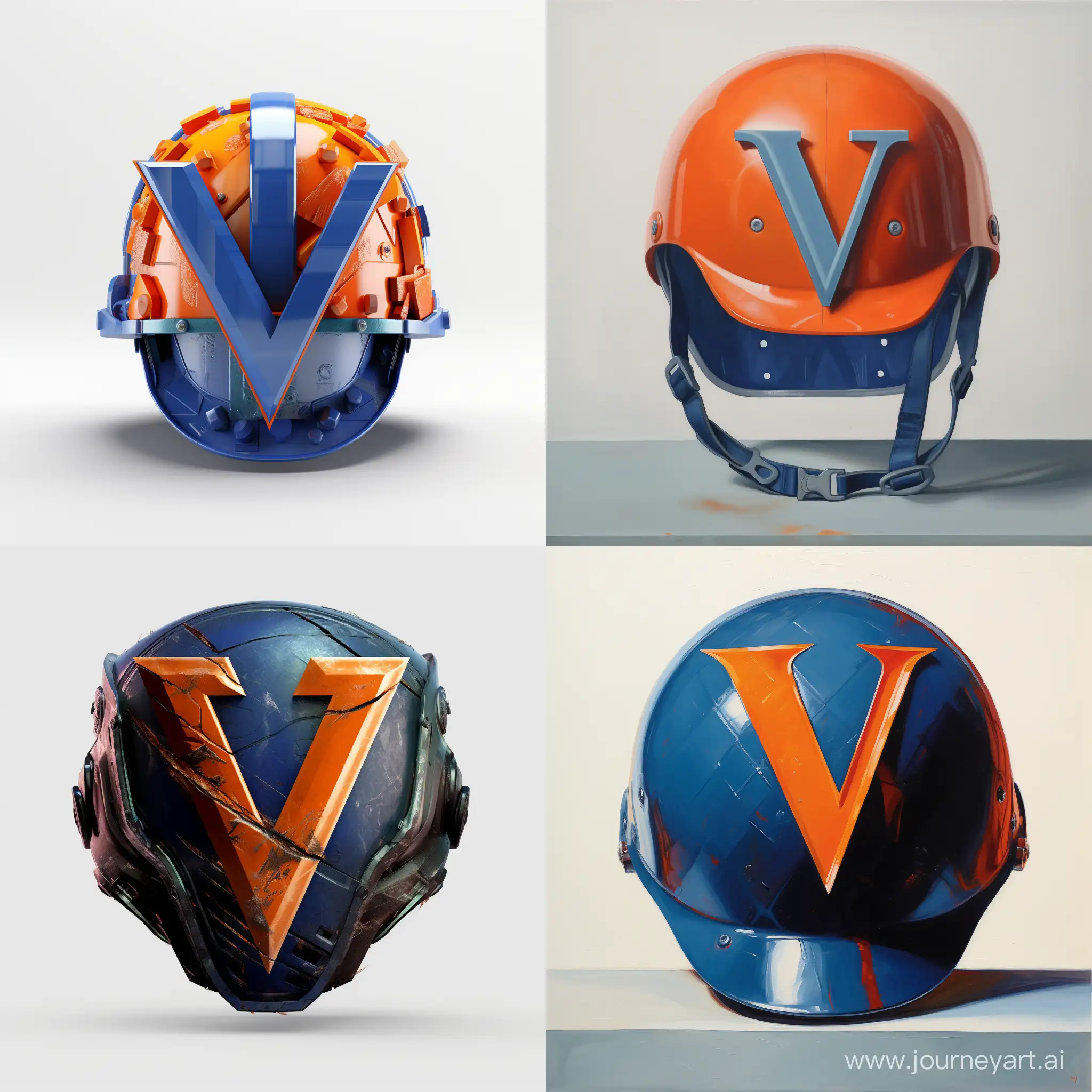 Blue safety helmet with orange letter V.