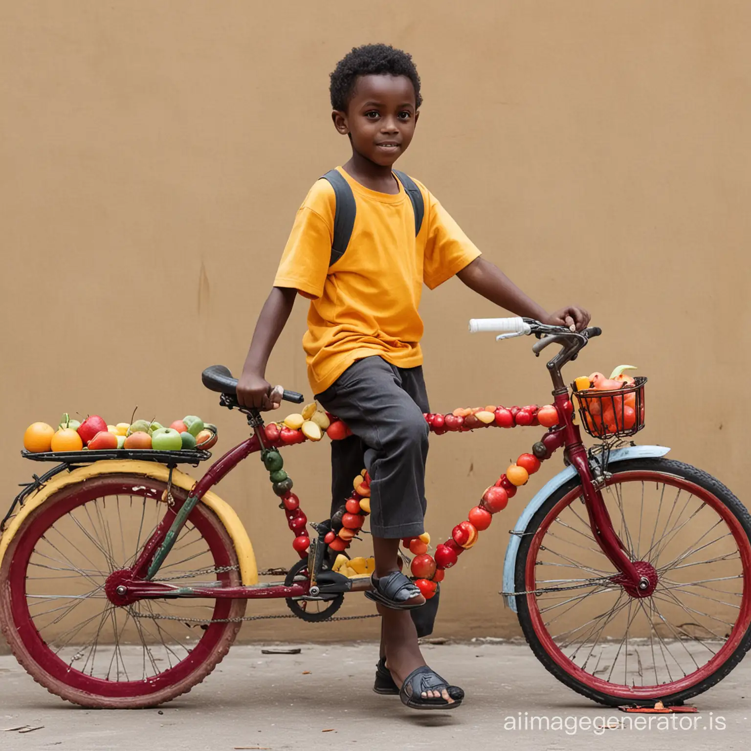 A black boy made a bicycle out of fruit
