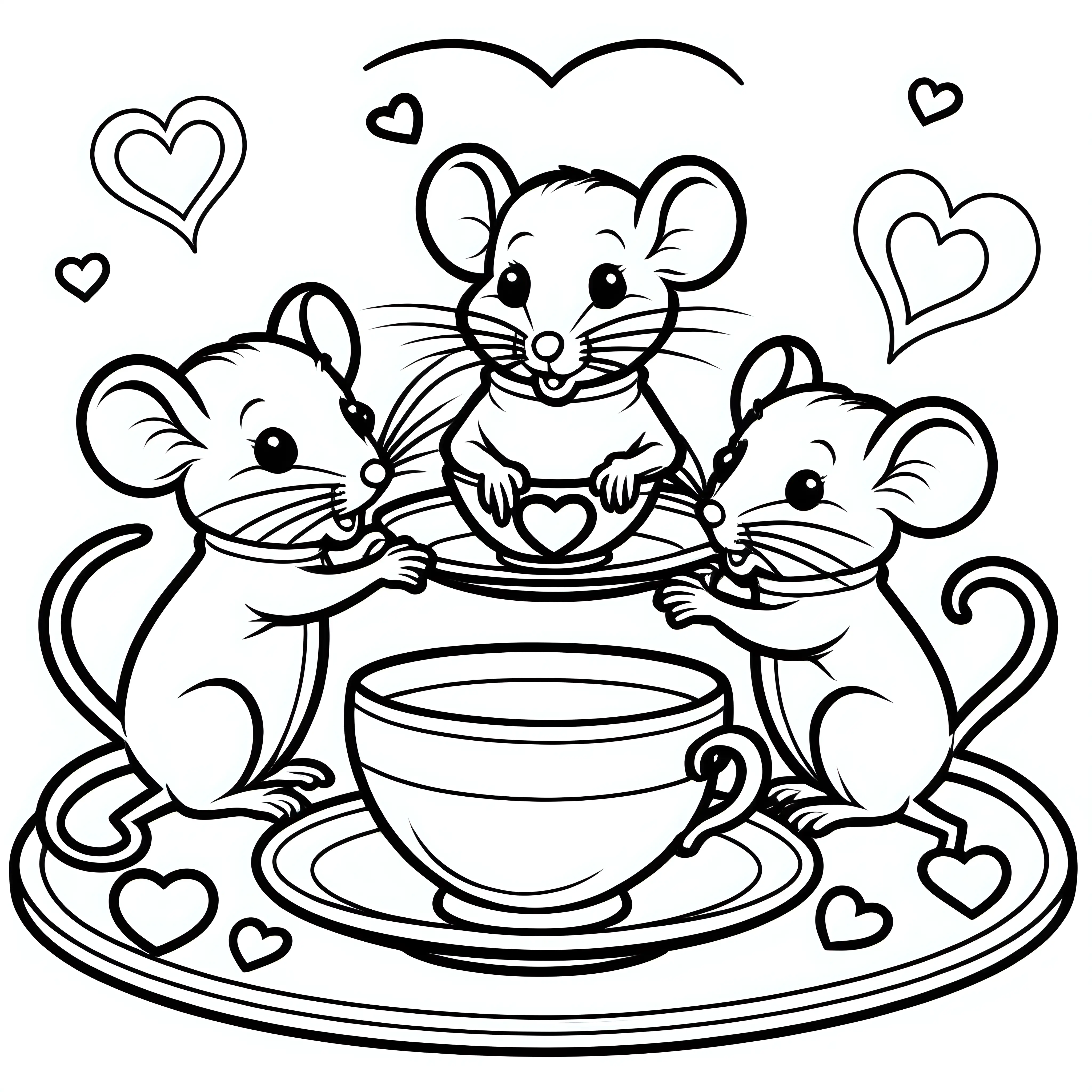 create a black line illustration with a white background. for children's coloring book of mice drinking from teacups decorated with hearts sitting on a table. Use crisp black outlines, no shading. NO Color. 