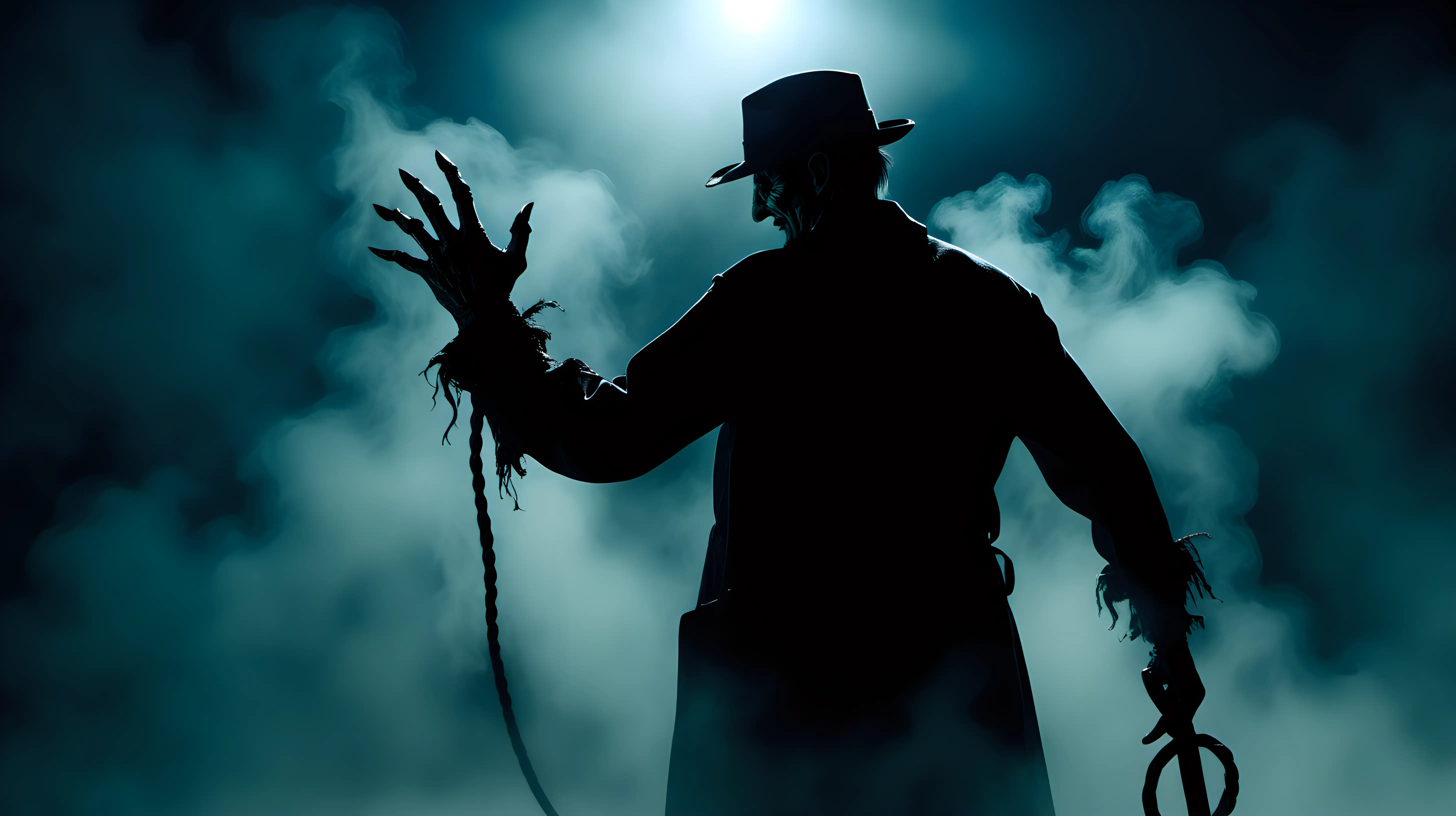 The silhouette of Freddy Krueger with his knified fingers
 seen from behind holding a whip in one hand, anthropomorphic, in a dimly lit scene with fog, monochrome Blue-black noir film, 80s crime scene, dark theme --s 200 --style raw --ar 16:9 --v 6.0