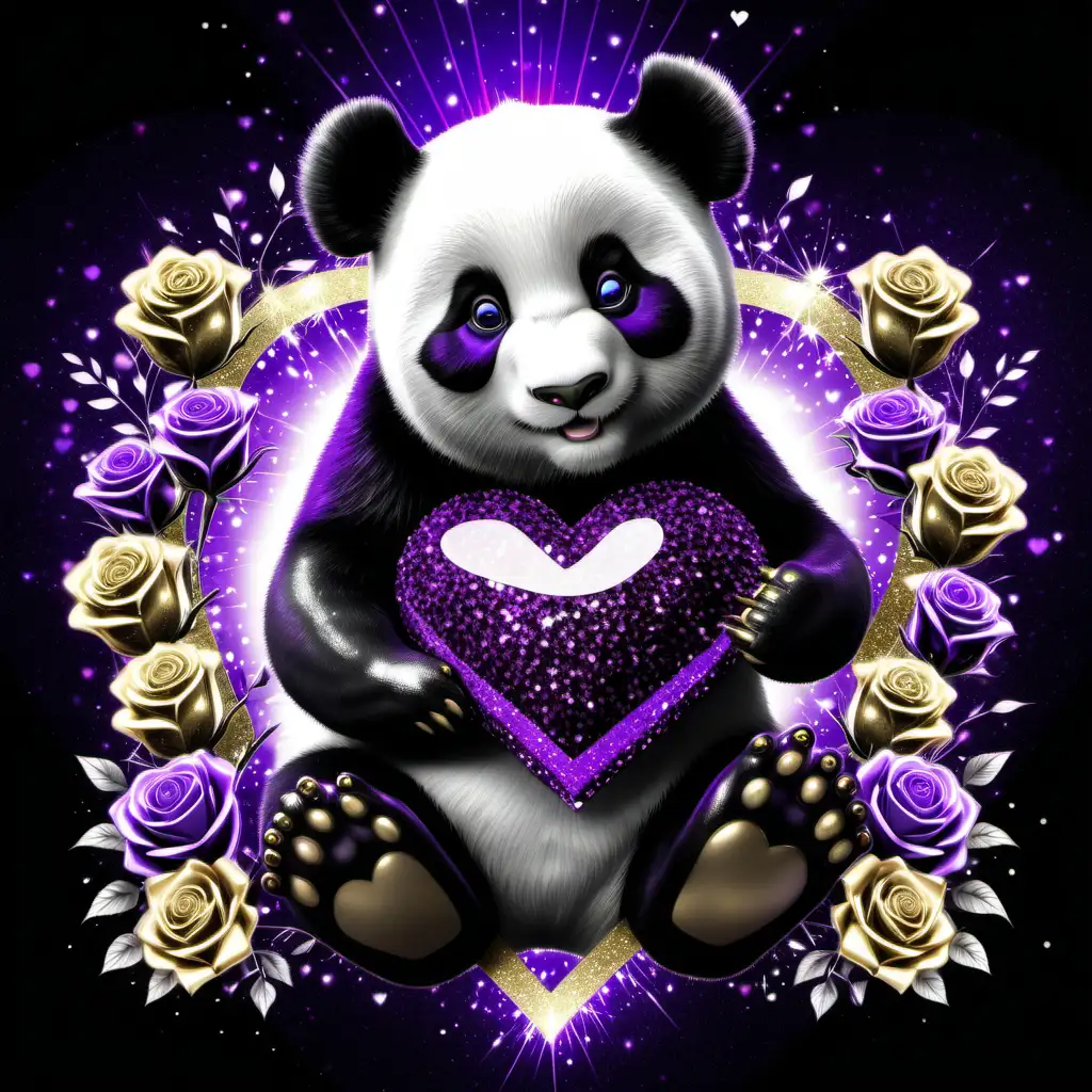 Panda bear holing a glitter valentines heart with bi-colored roses in dark purple, white, black and gold, valentines background, sparklecore, colorsplash, glitter, glowing, shimmering, Thomas Kinkade