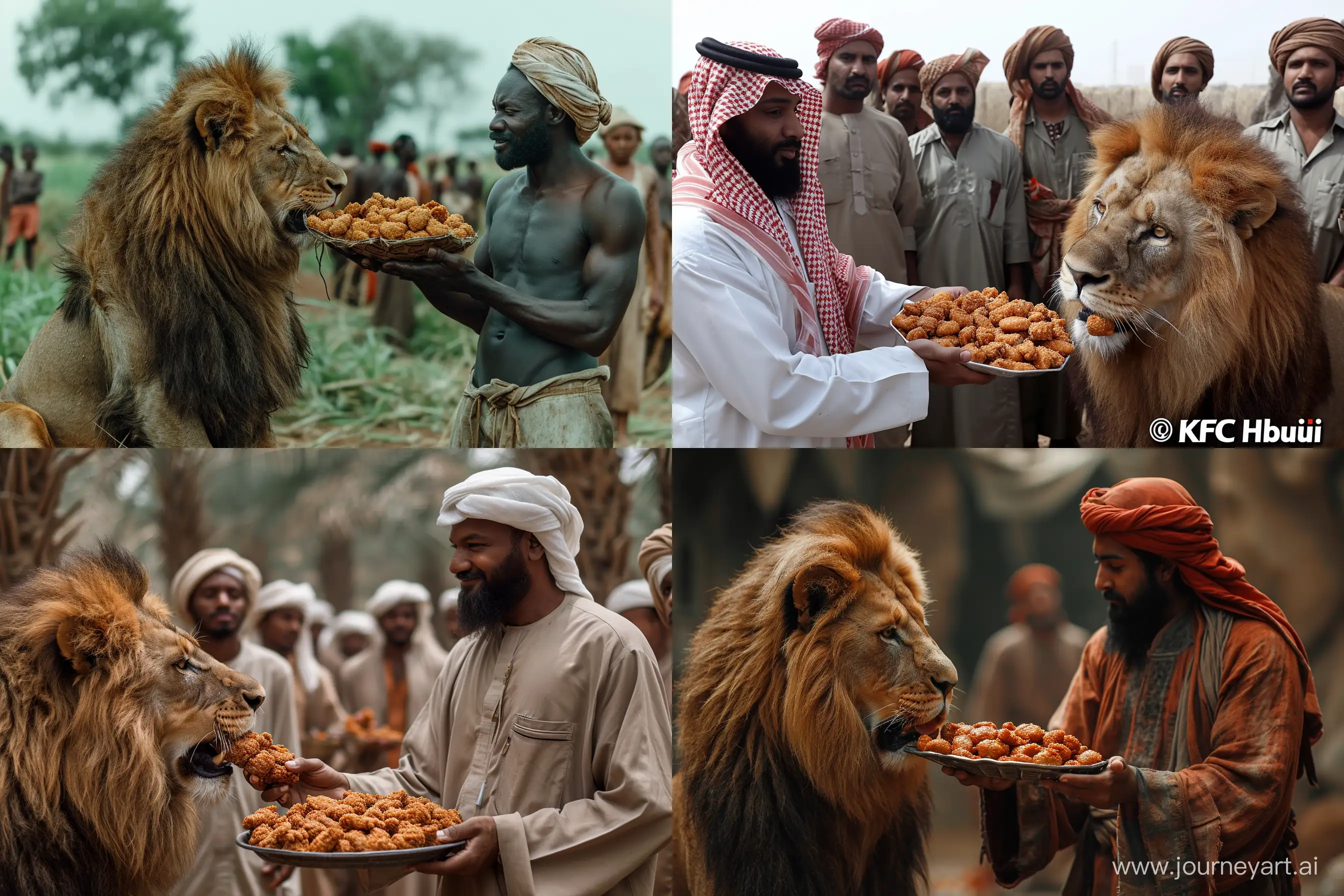 1 Dubai Habibi men in hand KFC chicken meet and lion eating KFC chicken meet from men hand full body view of lion and men --ar 3:2 --stylize 750
