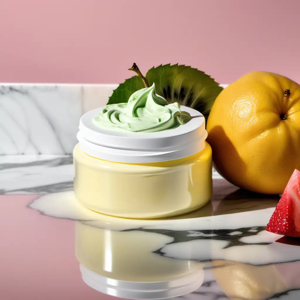 A clear jar of a combination of whipped yellow, green, and pink body cream with marble back ground with mixed fruit around the jar using it as a prop. The jar should be transparent with NOTHING on the front of it. Focus more on the whipped body butter and not the jar