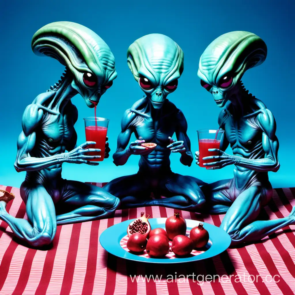 3 Инопланетяне устроили пикник на красно белой подстилке с синим фоном едят инопланетянскую еду и пьют гранатовый сок 