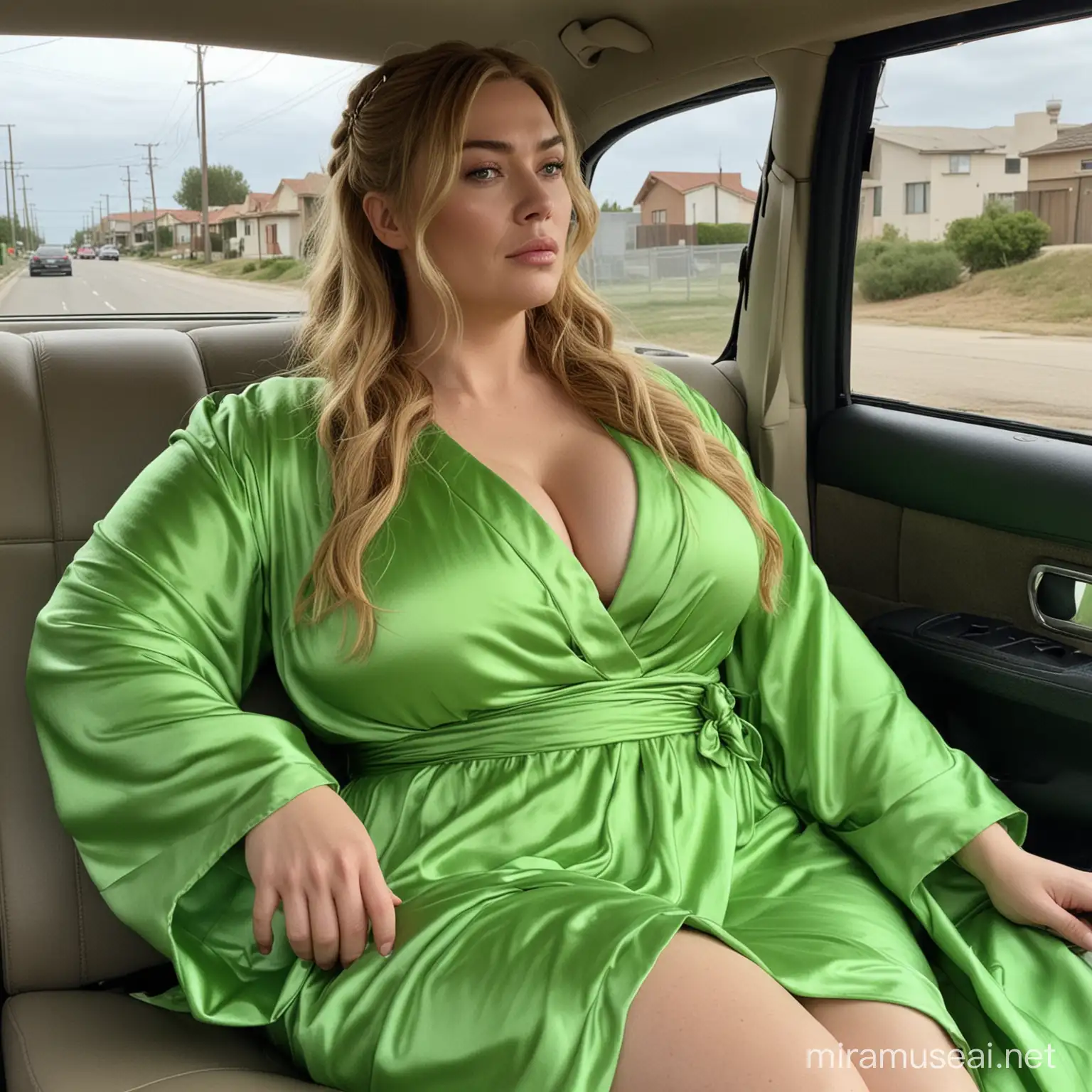 cersei lannister in a neon green silk robe, hair in long pigtails, in the back seat of a car, bbw, giant breast, massive cleavage