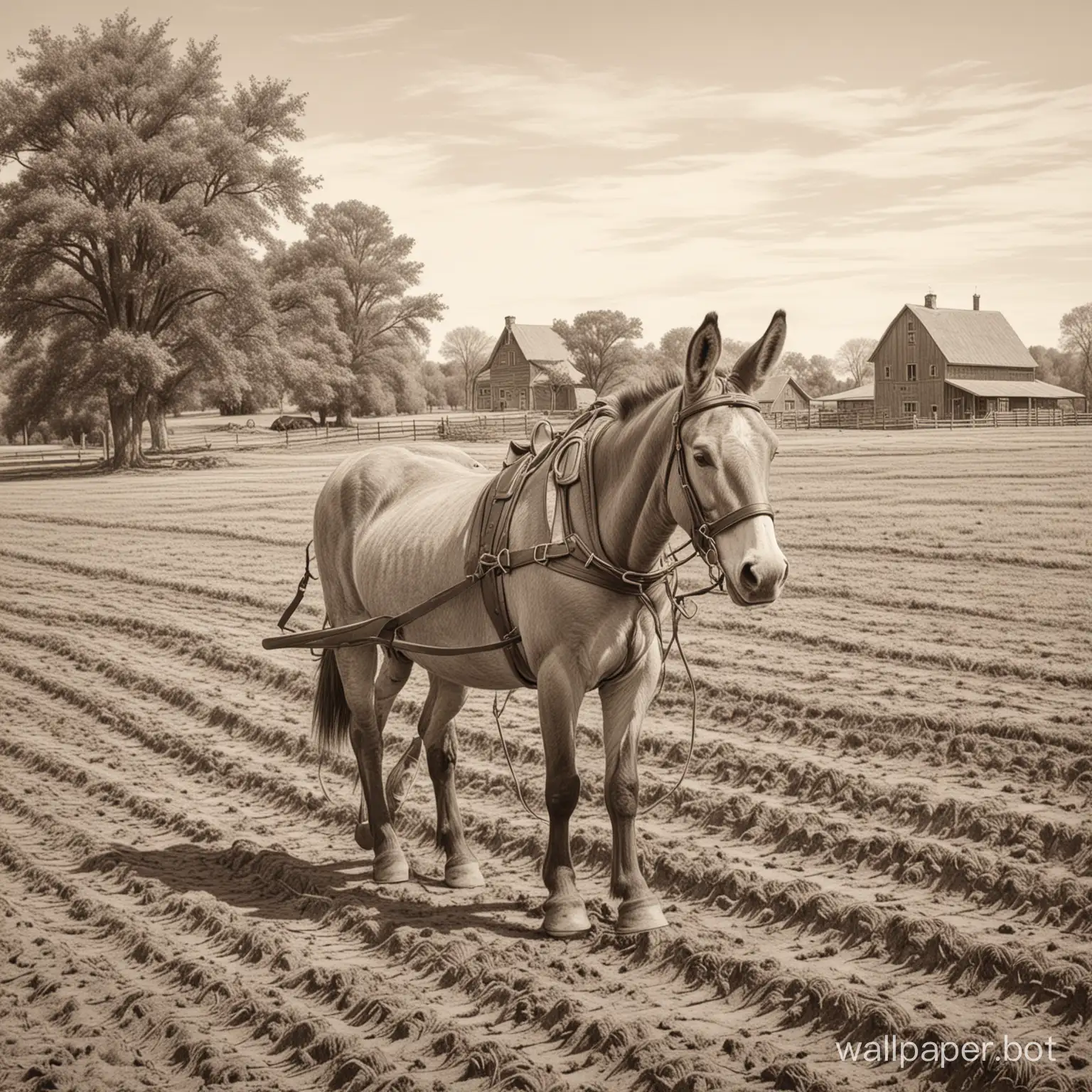 Sepia-Drawing-of-Mule-Plowing-Field-with-Farmhouse-Background