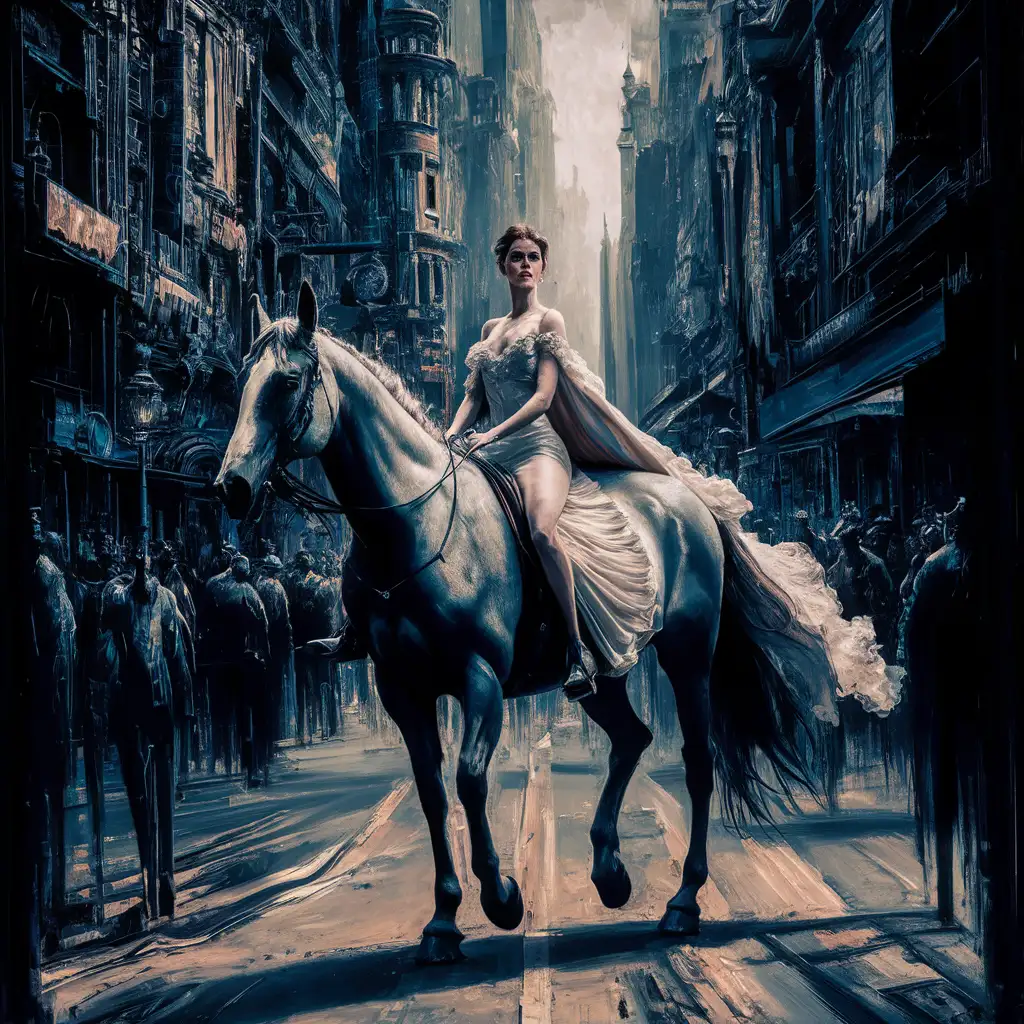 A blend of realism with elements of surrealism, a composition that are both lifelike and psychologically charged, bold brush strokes, using light and shadow to add depth and drama, a lone woman riding a horse in the city