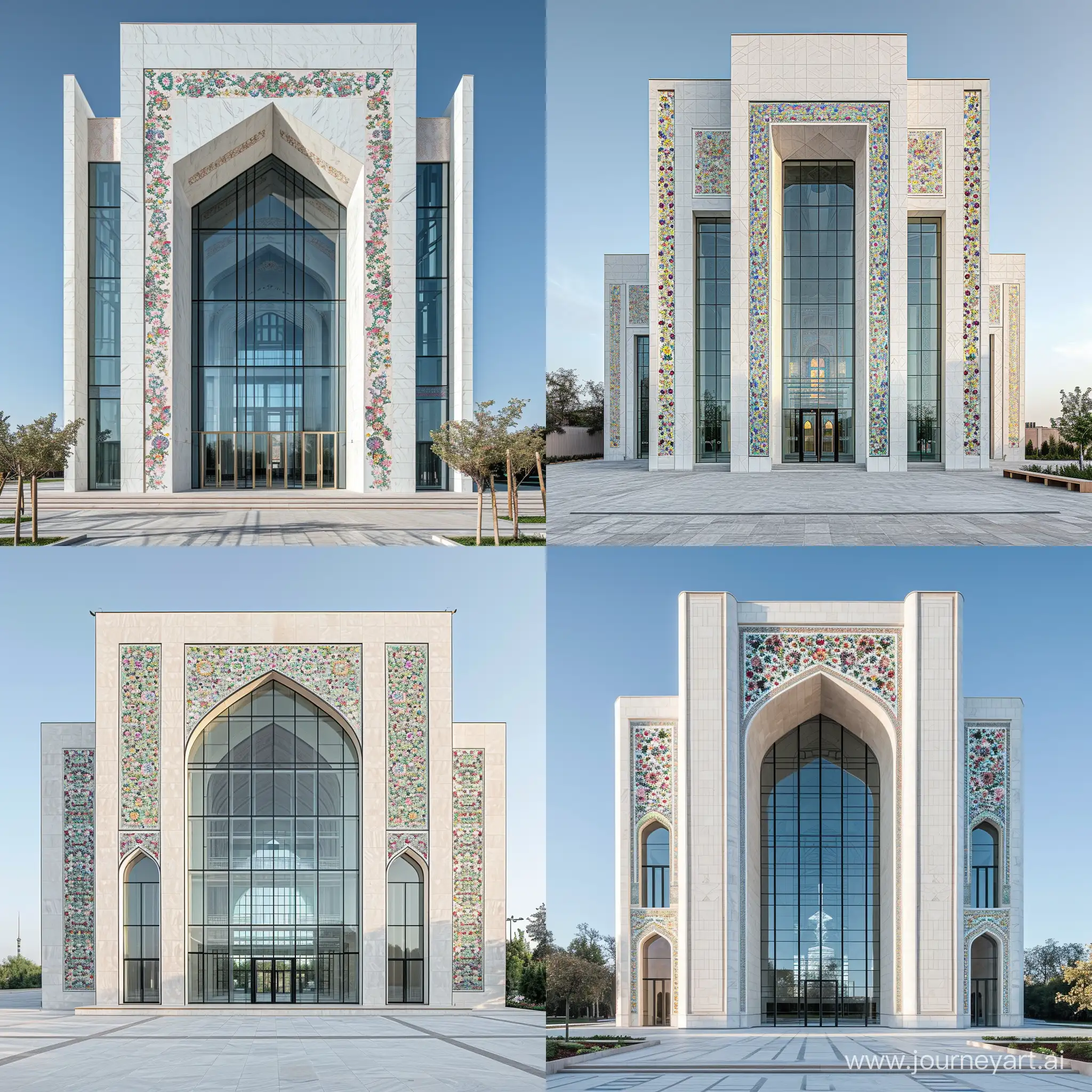 Modern-Uzbekistan-Style-Mosque-with-White-Marbled-Facade-and-Floral-Persian-Tiles