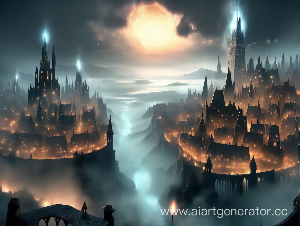 Enchanting-Wizard-City-Shrouded-in-Mystical-Mist-and-Glow