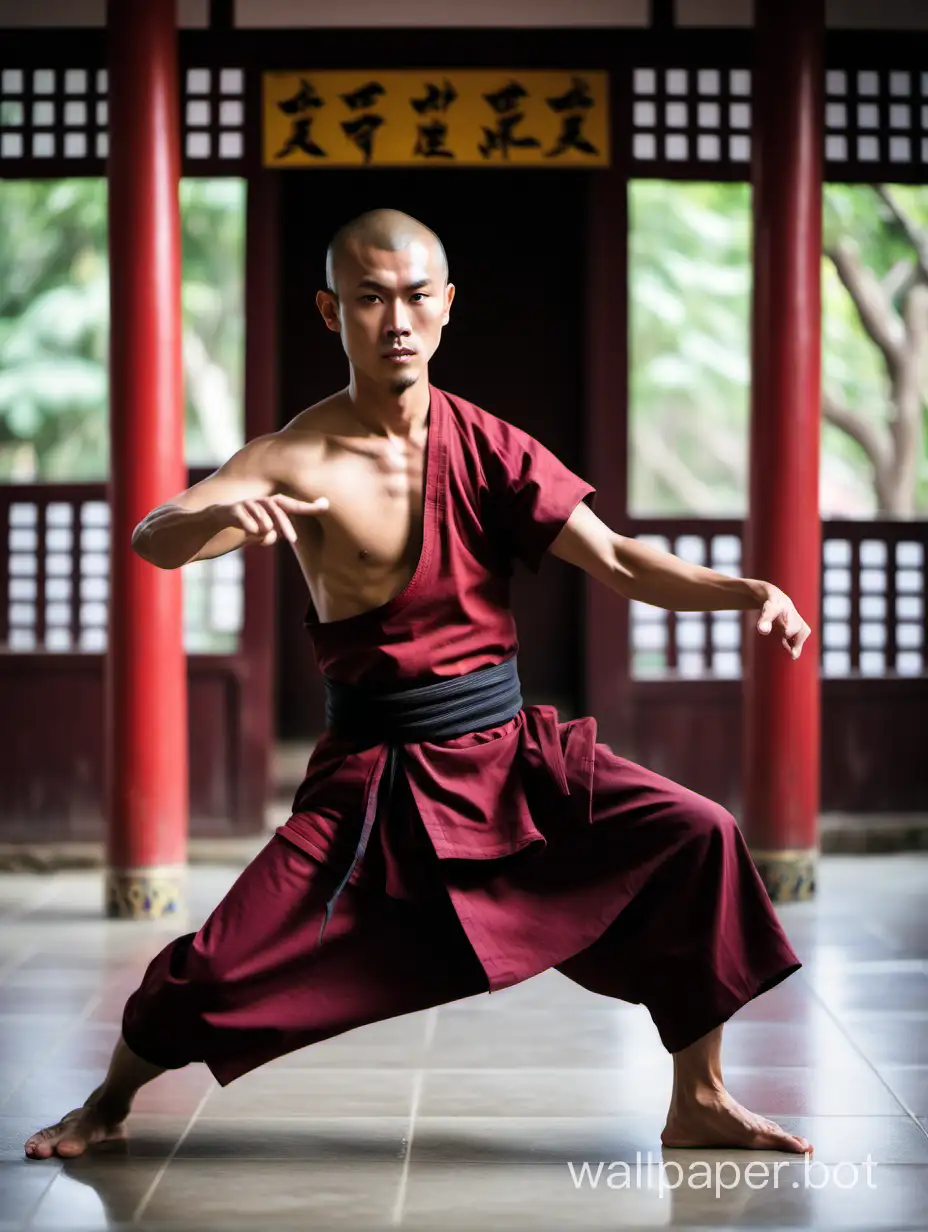 a handsome fit 25 year old male asian buddhist monk practicing his kungfu in the monastery
