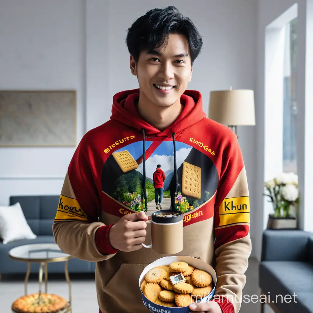 Stylish Indonesian Man in Red Hoodie Holding Glass with Cheerful Smile