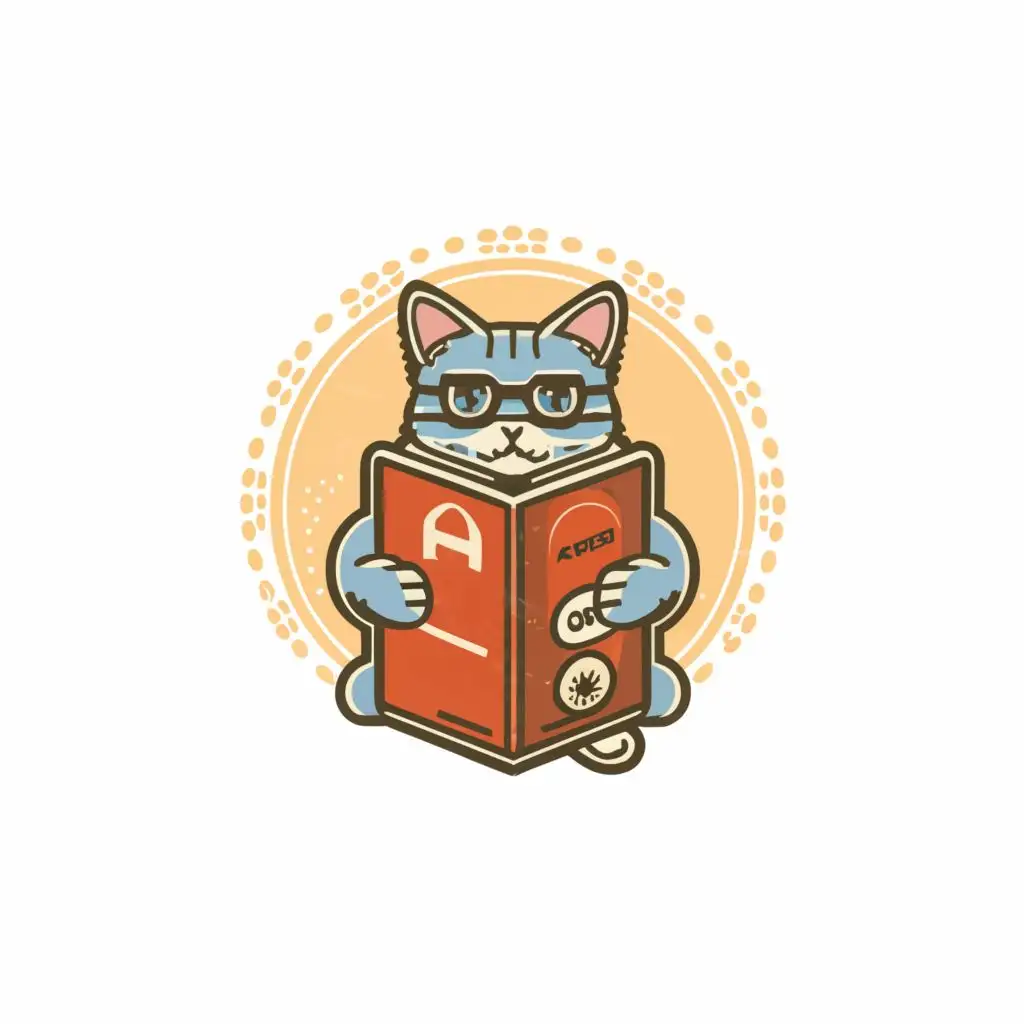 logo, cat holding coffee and reading, with the text "A", typography