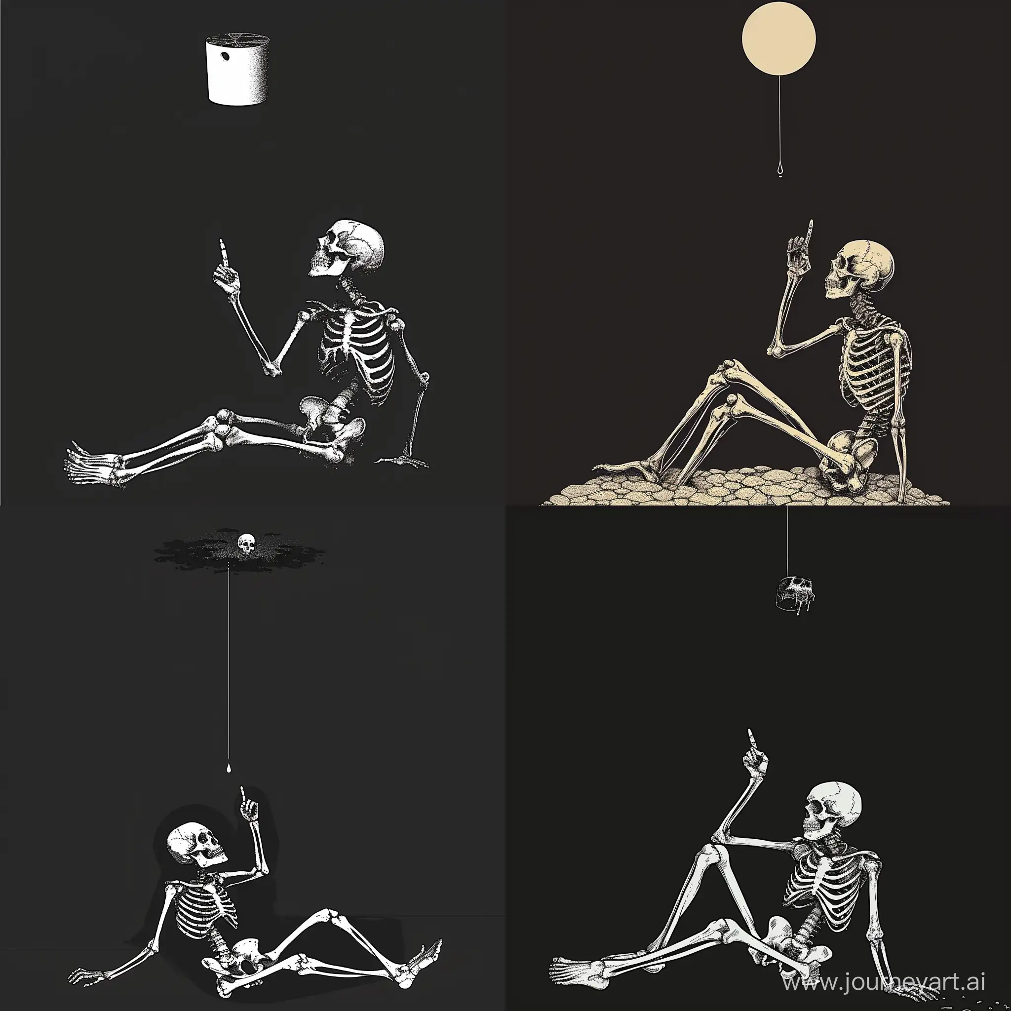 logo, minimalistic, deadman in full length who sits on the invisible floor, leaning against the wall, sad, looks at the object above and extends the index finger towards it, bones, skeleton, black background
