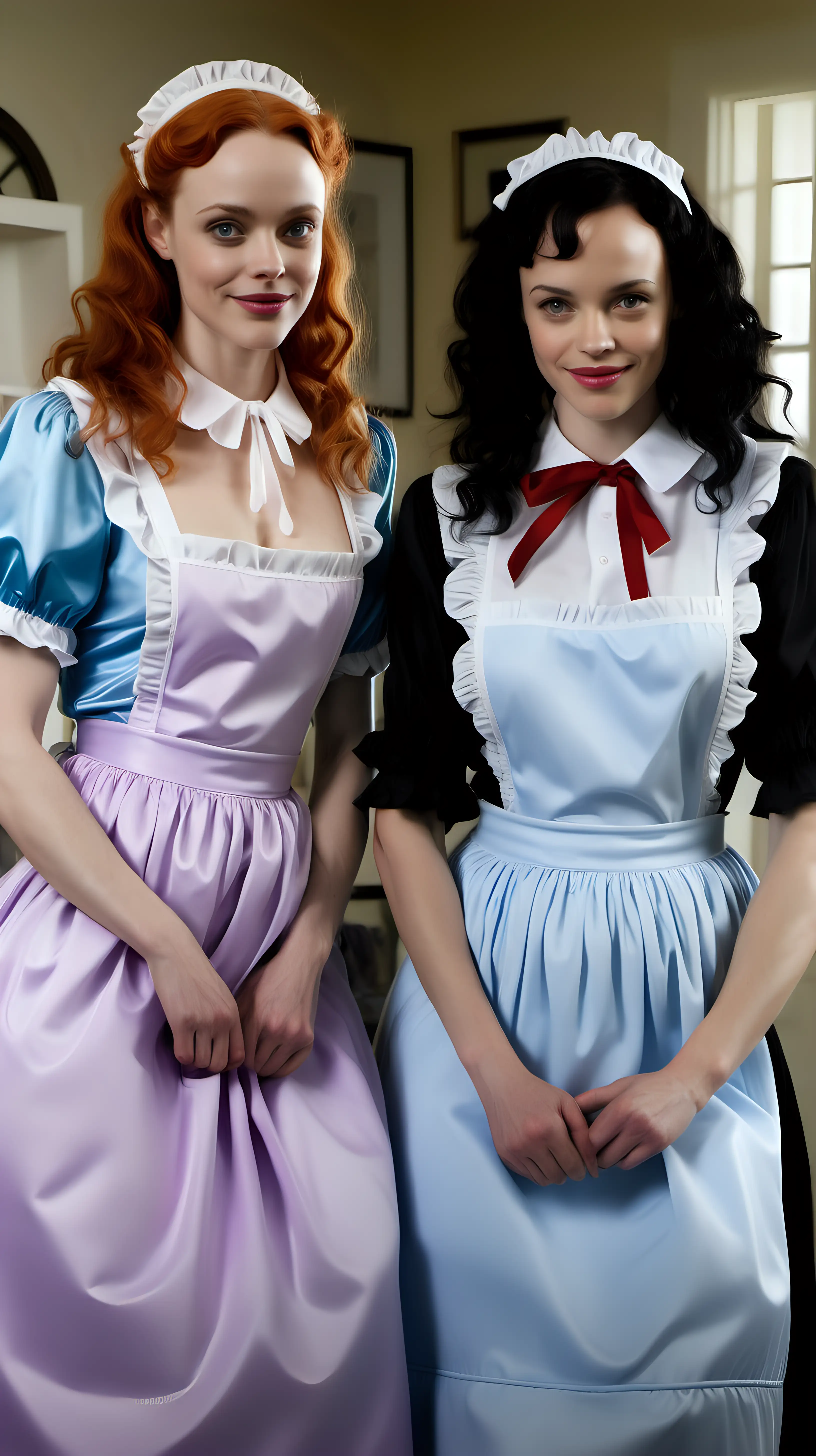 girls in long crystal silk retro strong style sky BLUE and lila
english maid gown with apron and peter pan colar and long and short sleeves costume and milf mothers long blonde and red hair,black hair Heather Graham and Rachel Mcadams smile in house
