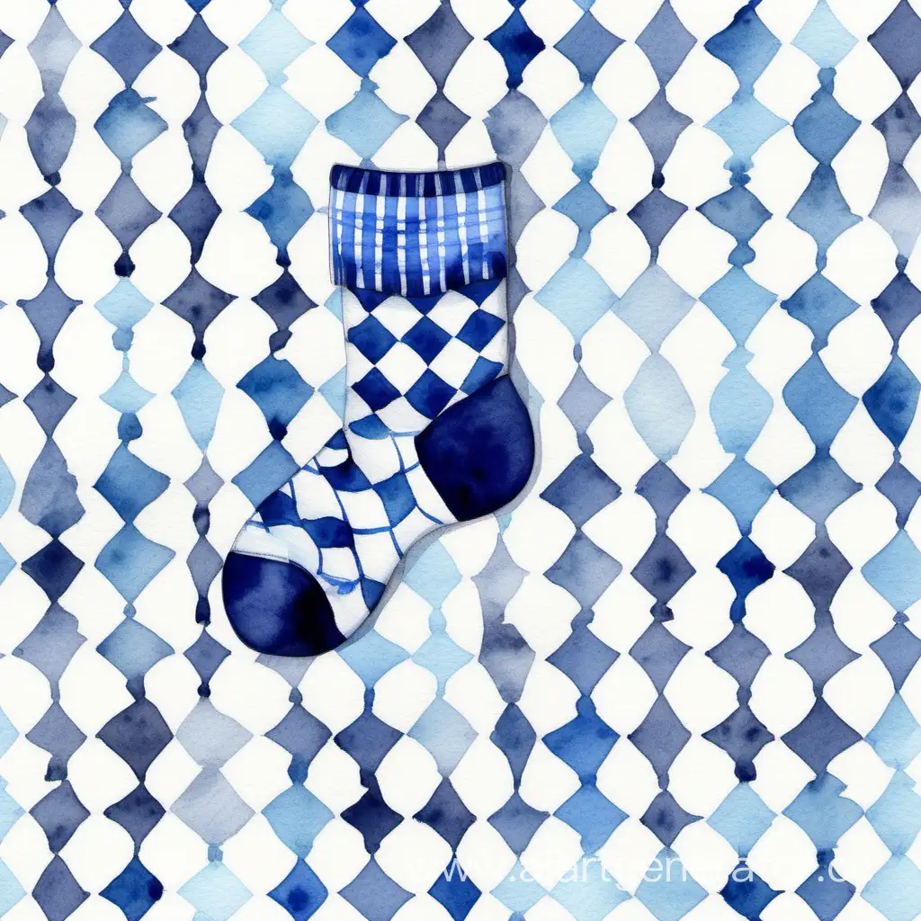 Stylish-Blue-Checkered-Patterned-Sock-in-Watercolor-on-White-Background