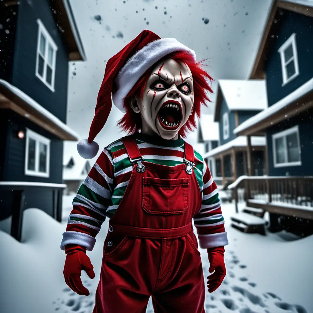 Chucky Queen Santa Claus Doll with Rebellious Attitude in Snowy Scene