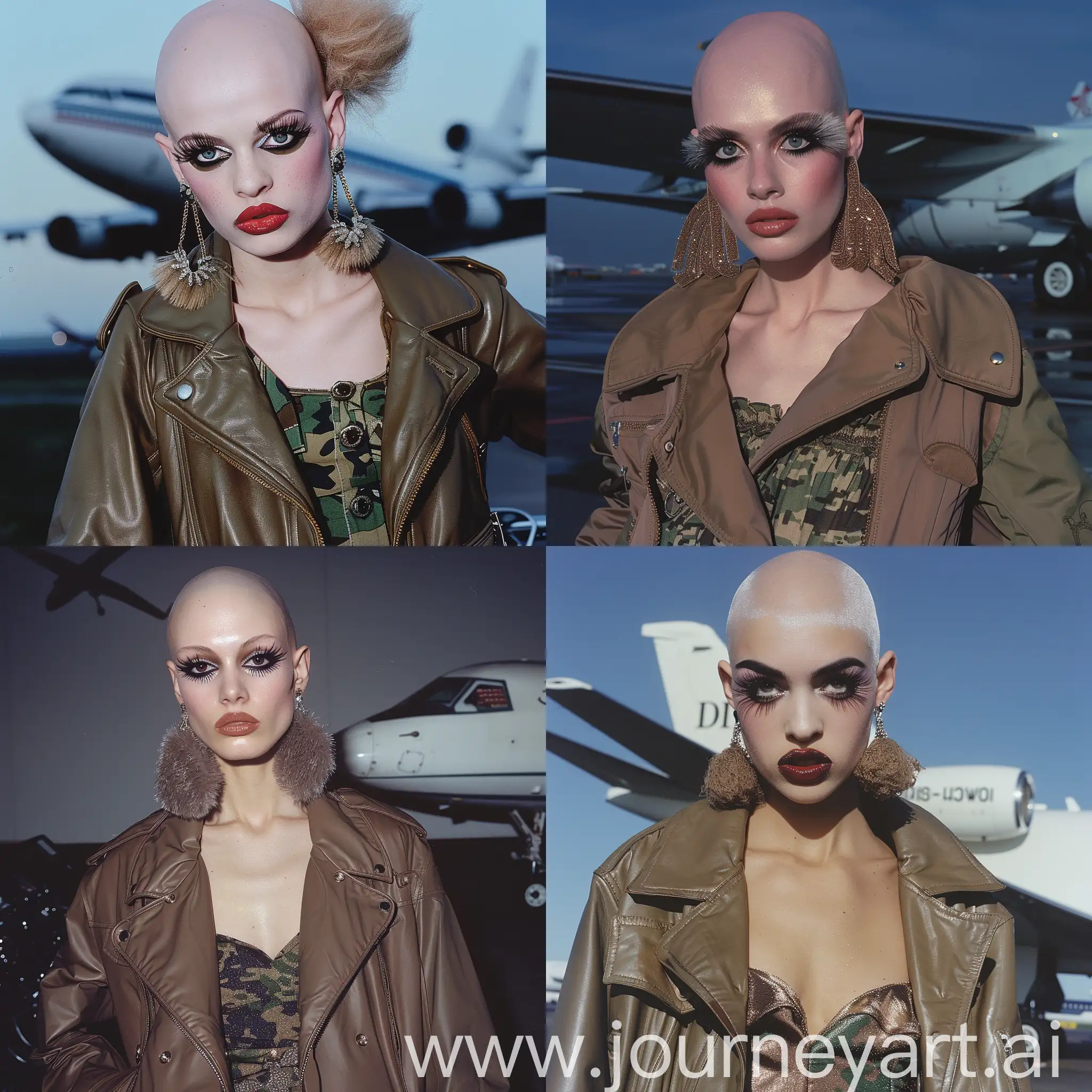 Expressive-Bald-Model-in-Princesscore-Khaki-Dress-with-Airplane-Background
