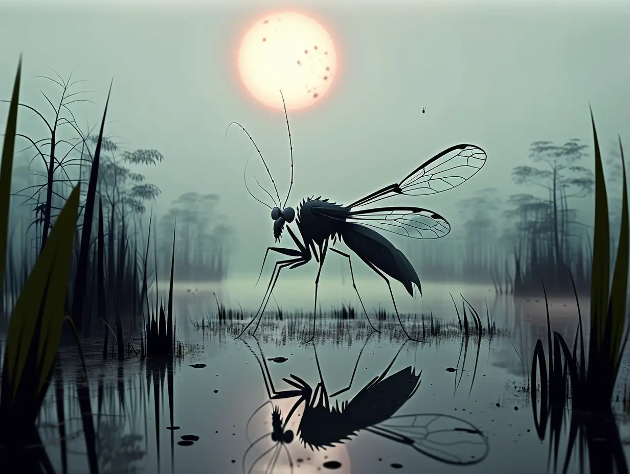 Eerie Swamp Heron Monster Silhouette Amidst Giant Mosquitoes