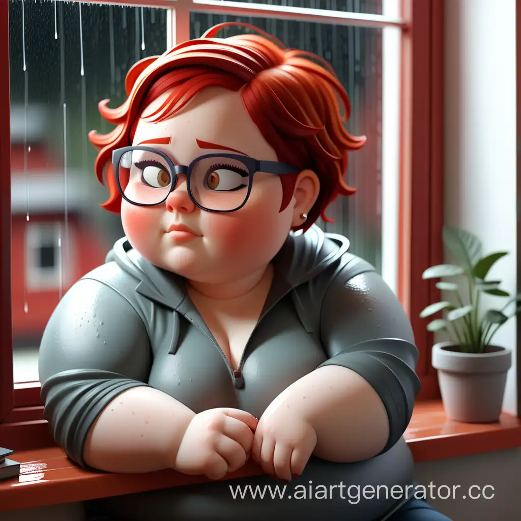 Пухлая девочка в очках с короткими красными волосами сидит около окна, а на улице идёт дождь 