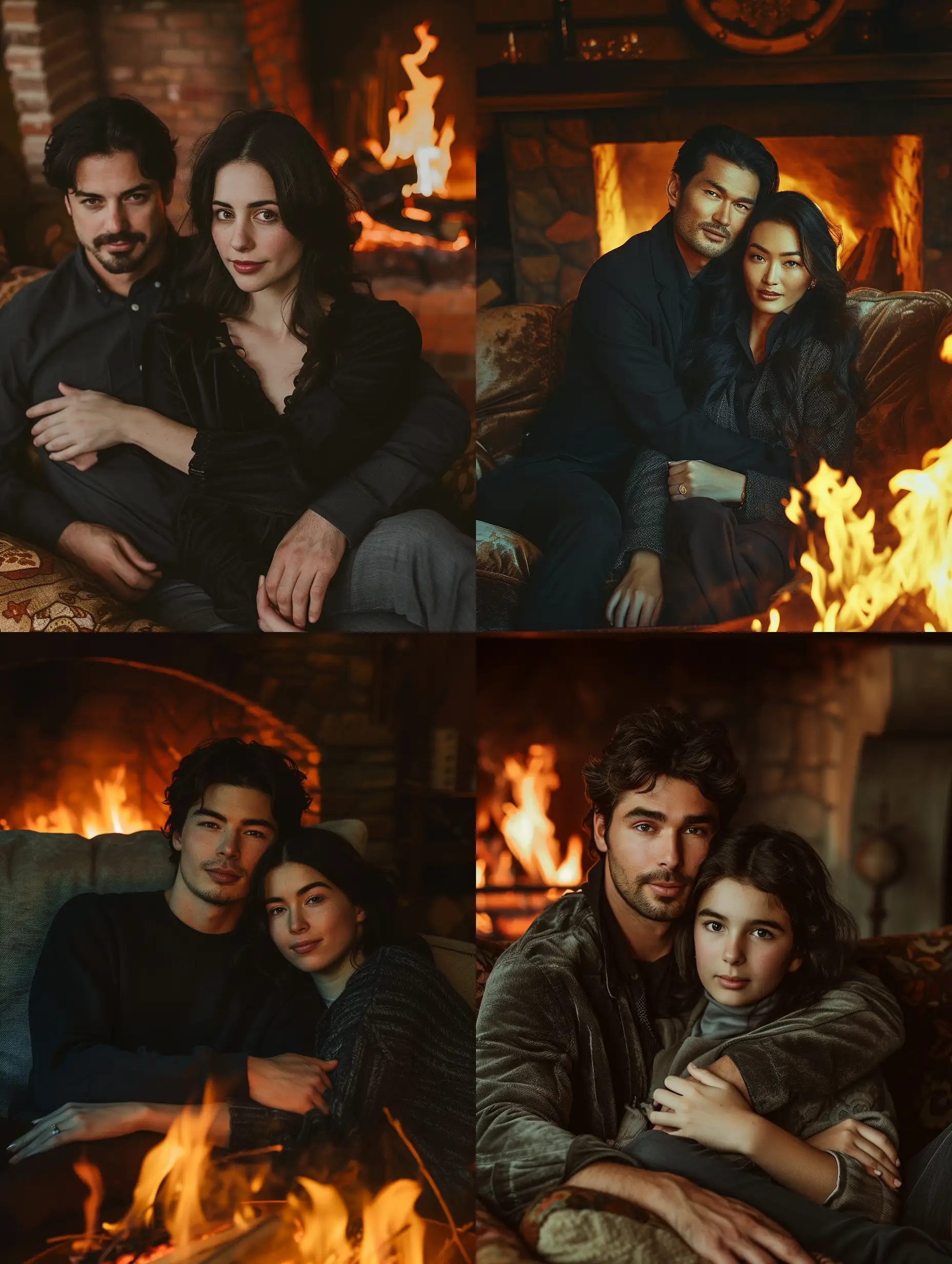 A man and a woman with dark hair sit on a couch by a burning fireplace in an embrace and look into the camera faces clearly and well visible realistic yoto on camera details 